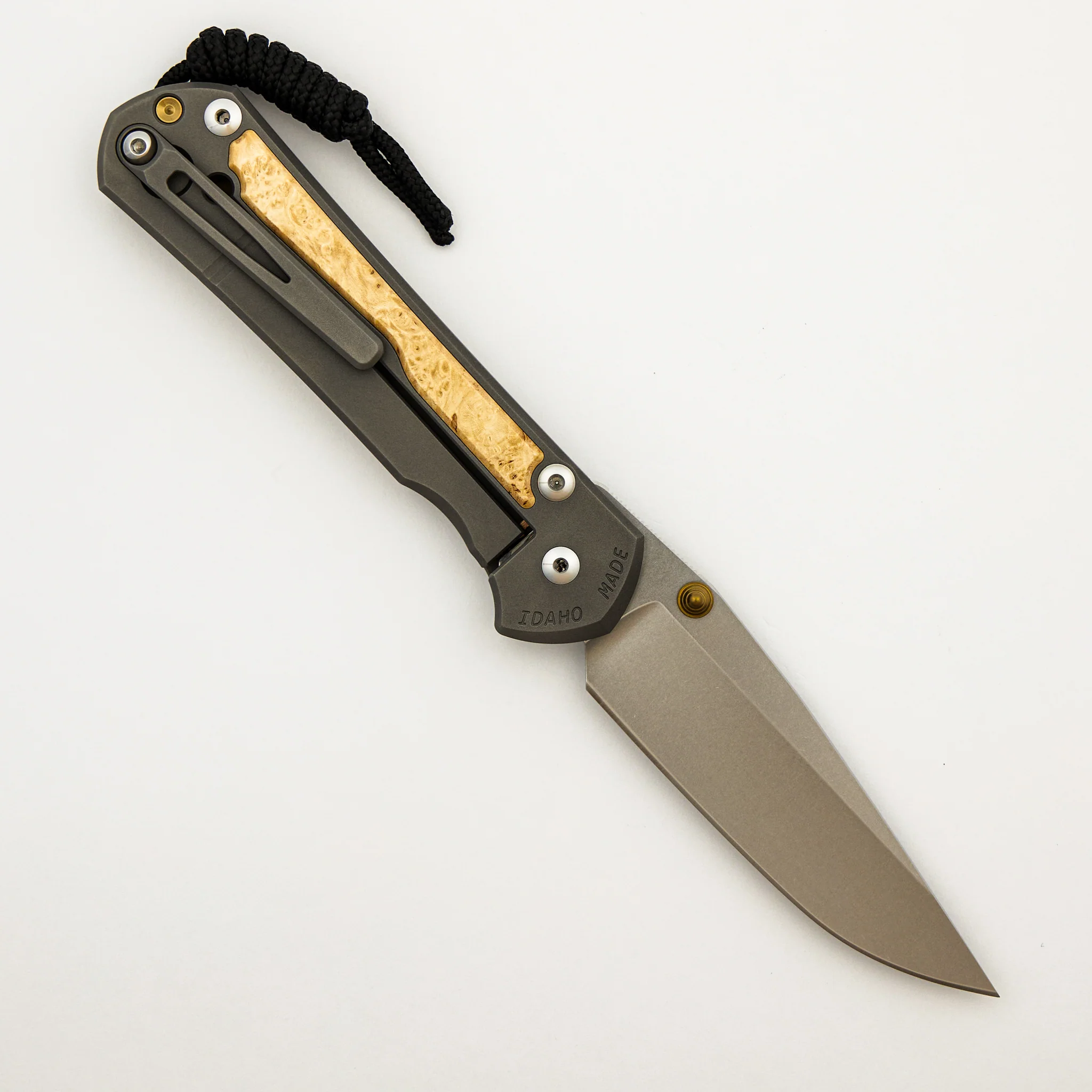 Large Sebenza 31 - Box Elder Inlay - Drop Point CPM MagnaCut Blade - MIM Clip - Gold Double Thumb Lugs - Image 2