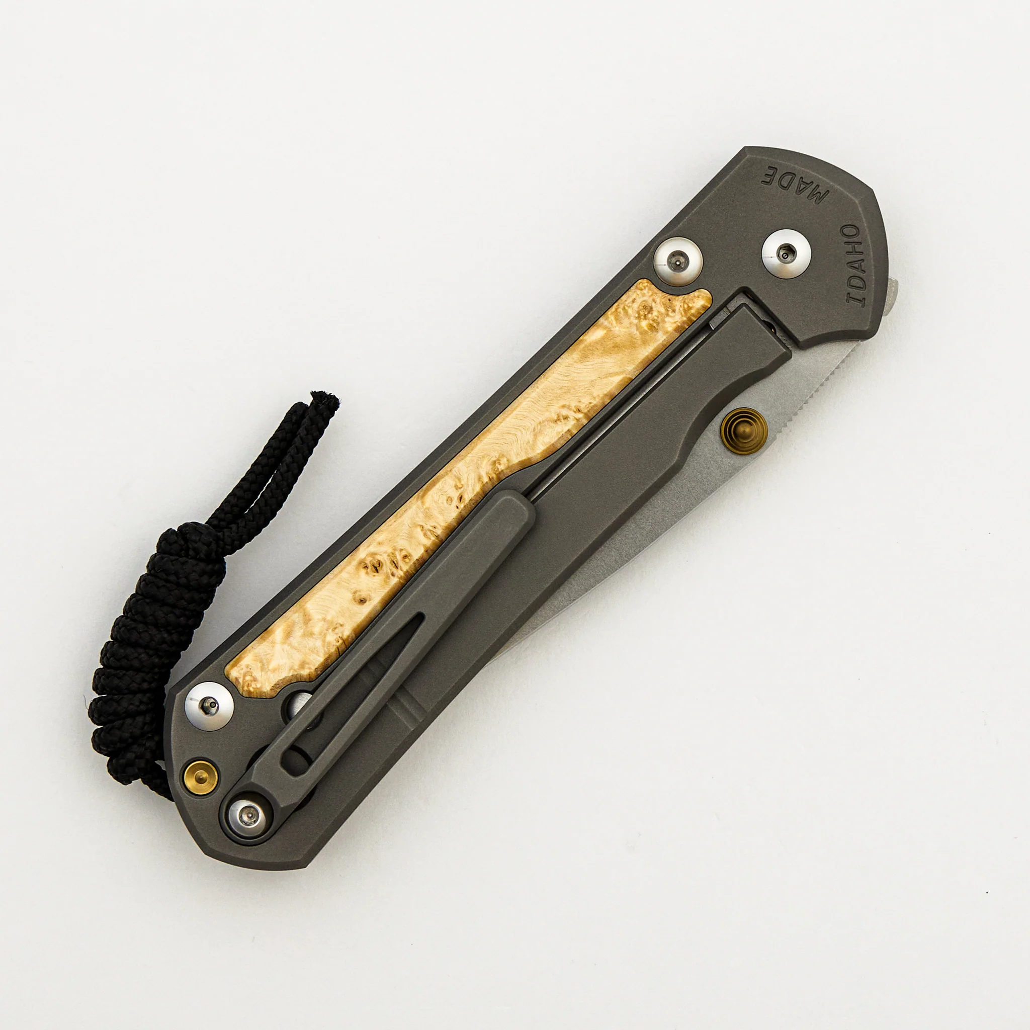 Large Sebenza 31 - Box Elder Inlay - Drop Point CPM MagnaCut Blade - MIM Clip - Gold Double Thumb Lugs - Image 32