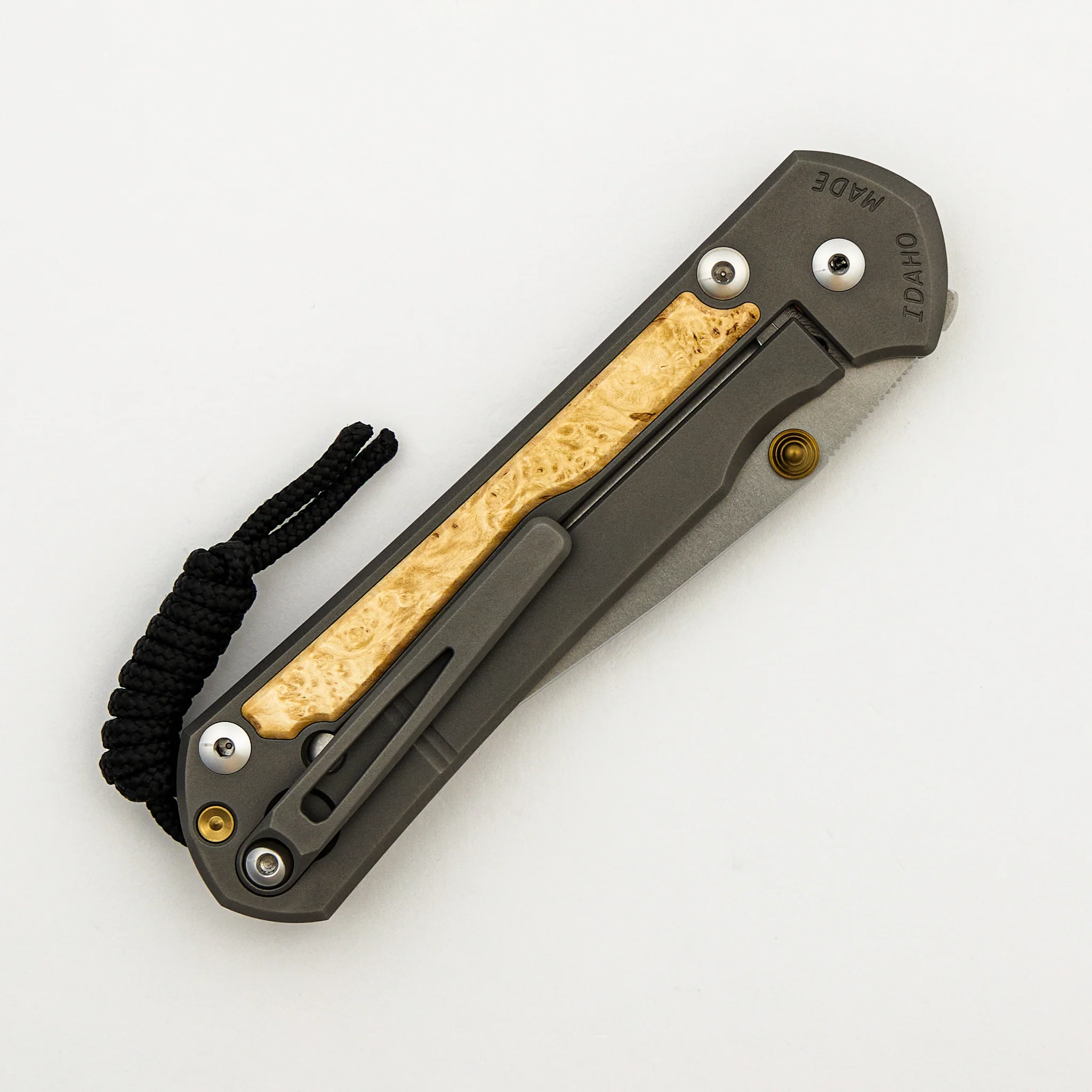 Large Sebenza 31 - Box Elder Inlay - Drop Point CPM MagnaCut Blade - MIM Clip - Gold Double Thumb Lugs - Image 4