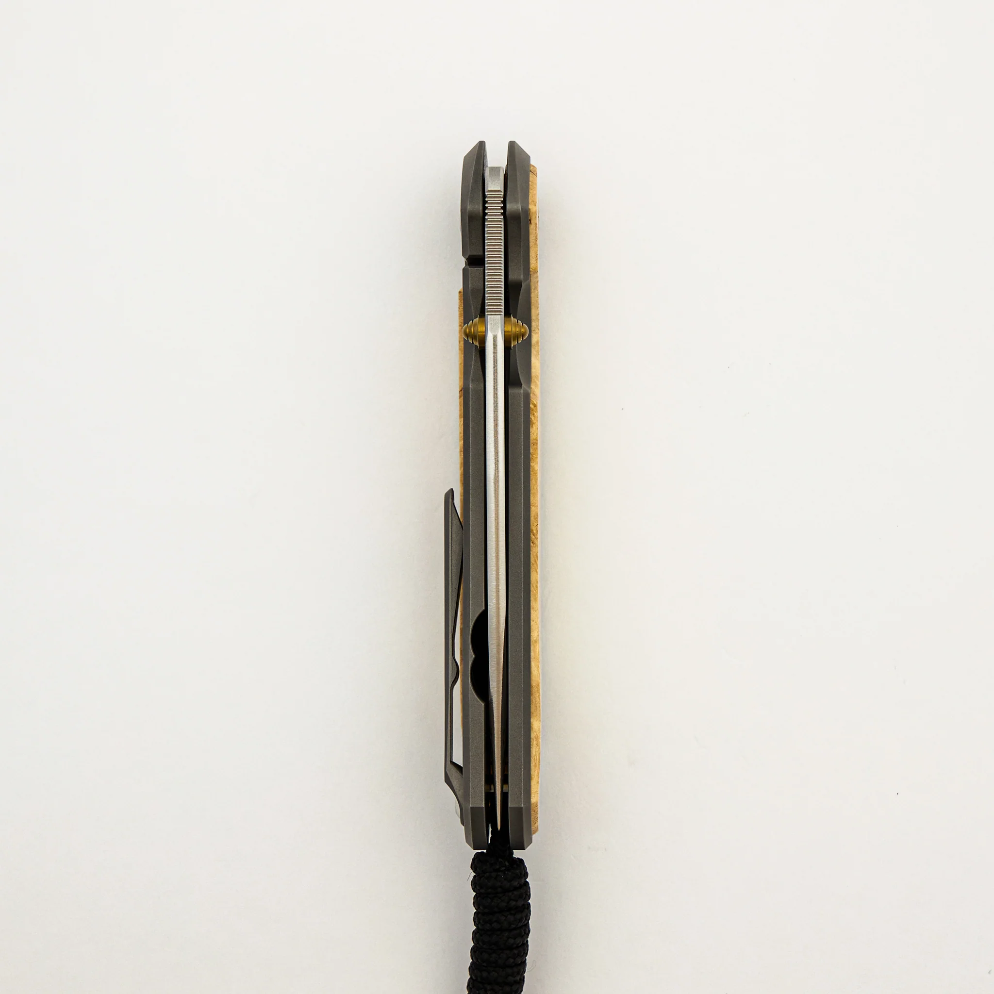 Large Sebenza 31 - Box Elder Inlay - Drop Point CPM MagnaCut Blade - MIM Clip - Gold Double Thumb Lugs - Image 5