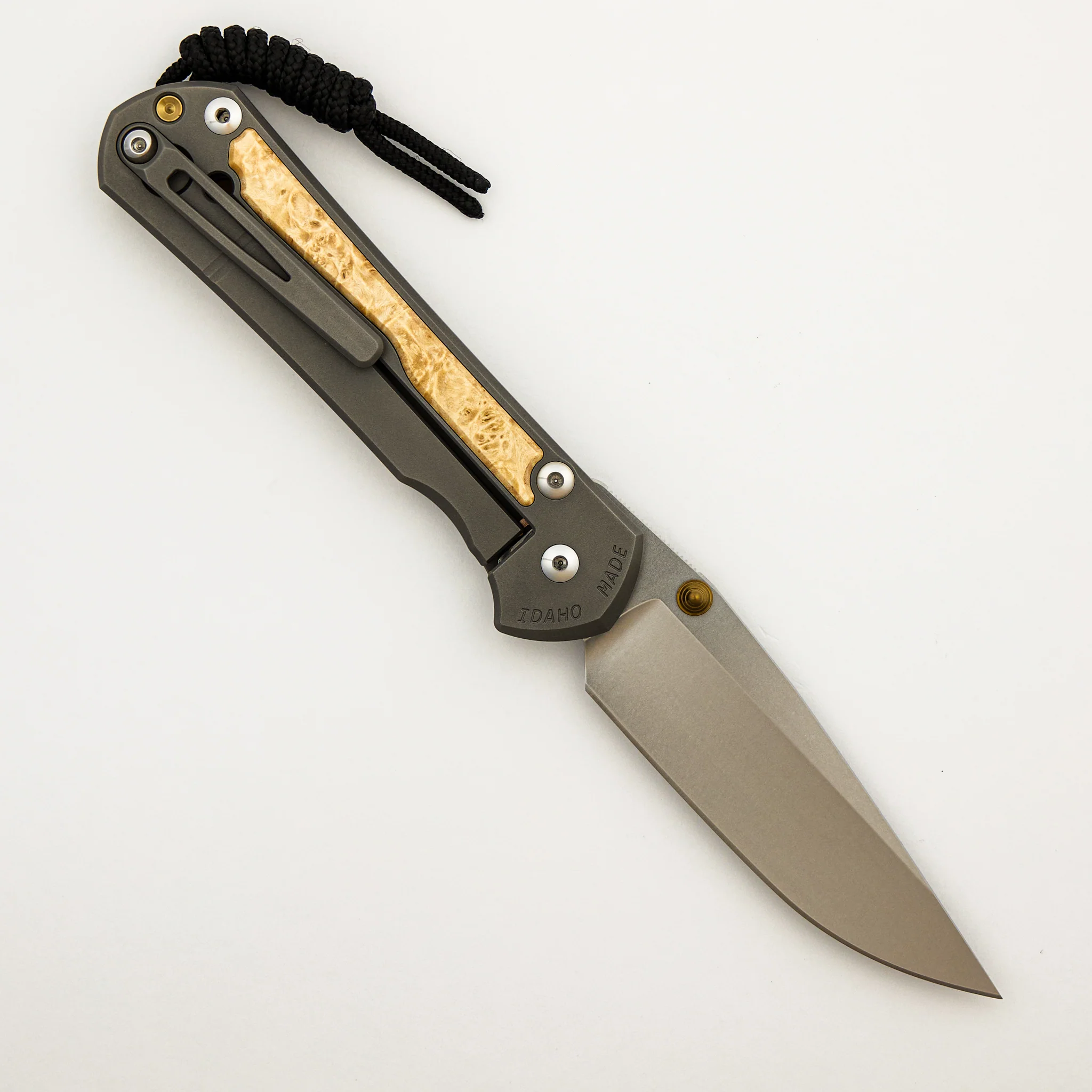 Large Sebenza 31 - Box Elder Inlay - Drop Point CPM MagnaCut Blade - MIM Clip - Gold Double Thumb Lugs - Image 9