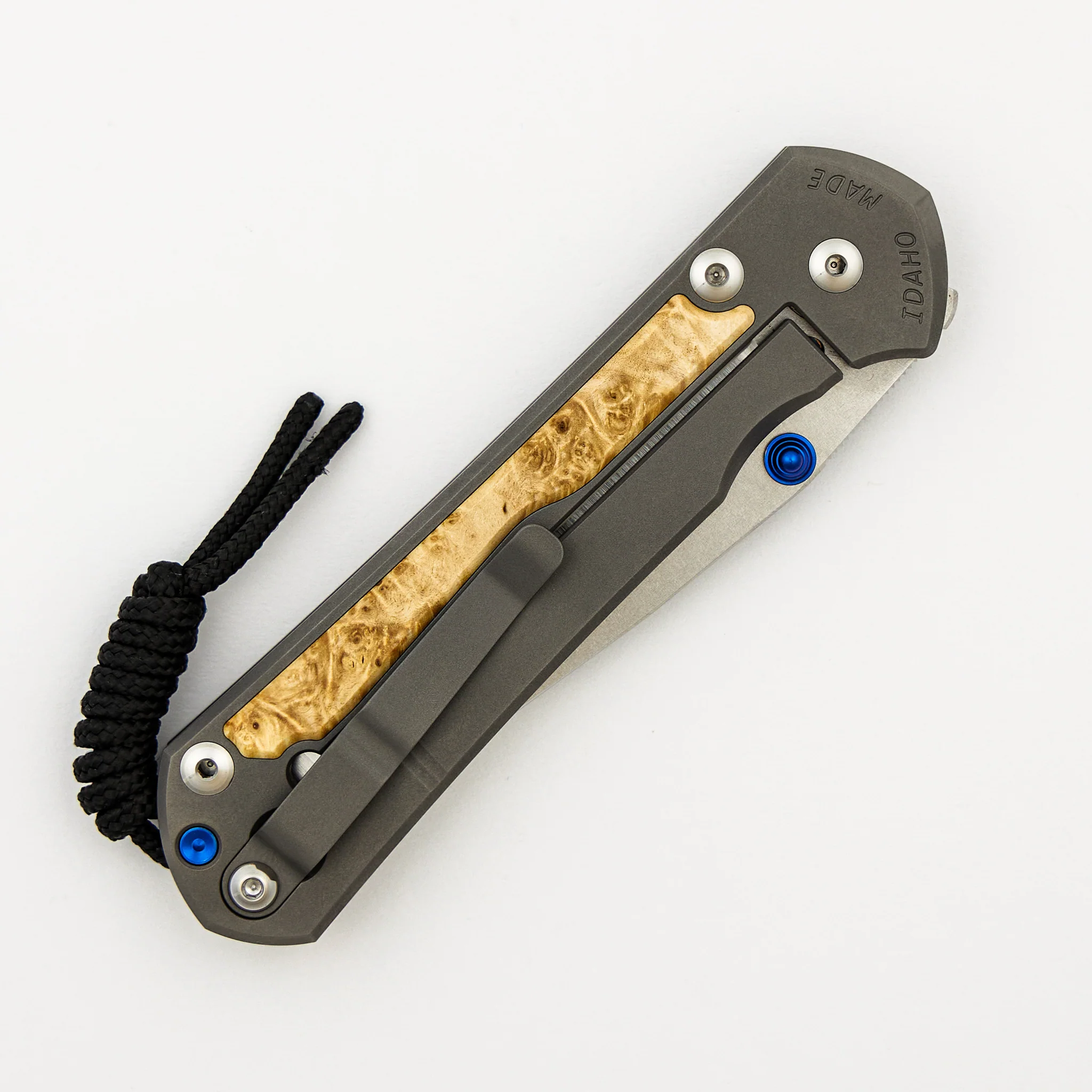 Large Sebenza 31 - Box Elder Inlay - Drop Point Polished CPM MagnaCut Blade - Blue Double Thumb Lugs - Image 4