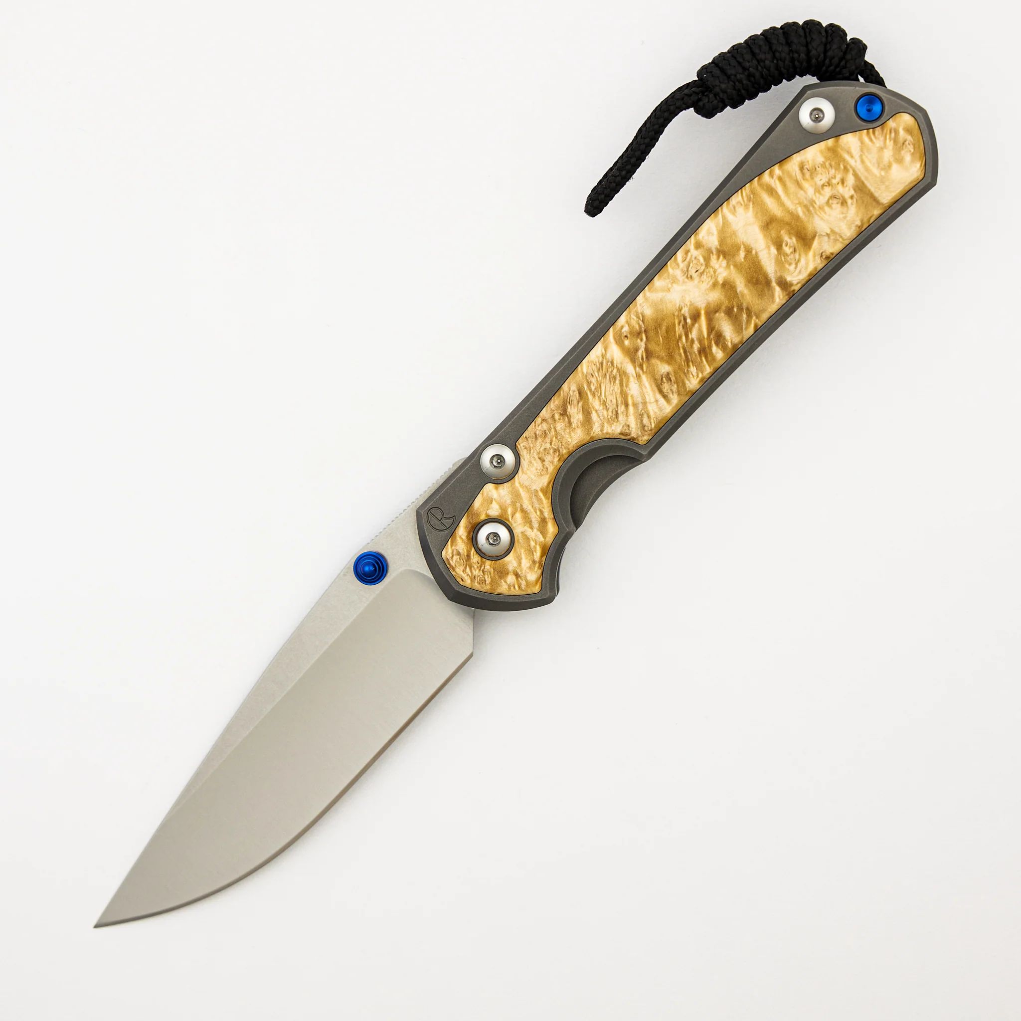 Large Sebenza 31 - Box Elder Inlay - Drop Point Polished CPM MagnaCut Blade - Blue Double Thumb Lugs - Image 8