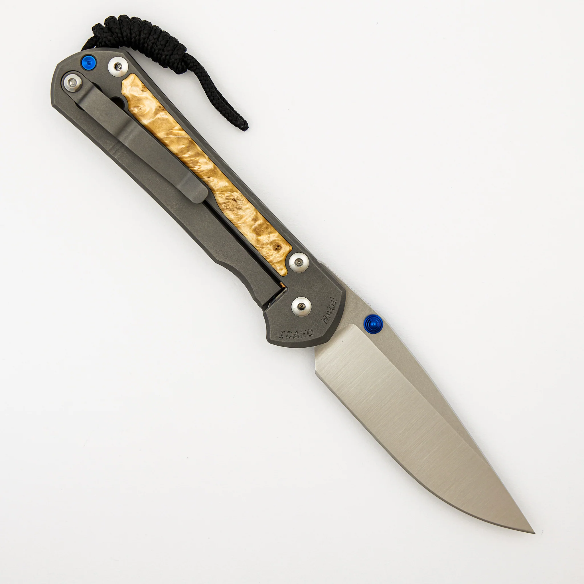 Large Sebenza 31 - Box Elder Inlay - Drop Point Polished CPM MagnaCut Blade - Blue Double Thumb Lugs - Image 9