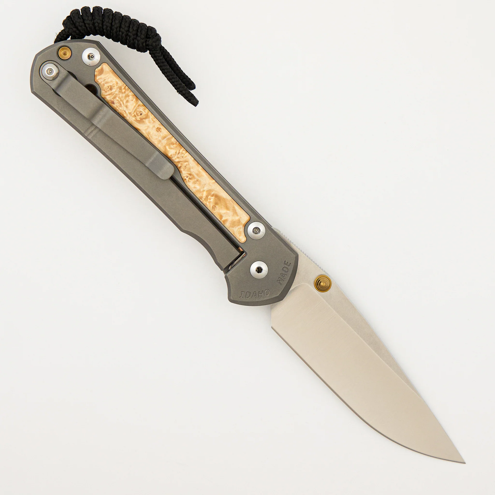 Large Sebenza 31 - Box Elder Inlay - Drop Point Polished CPM MagnaCut Blade - Gold Double Thumb Lugs - Image 2