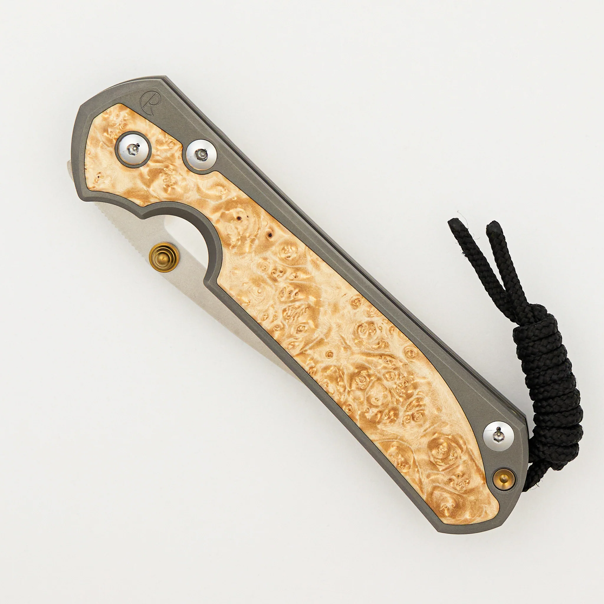 Large Sebenza 31 - Box Elder Inlay - Drop Point Polished CPM MagnaCut Blade - Gold Double Thumb Lugs - Image 3