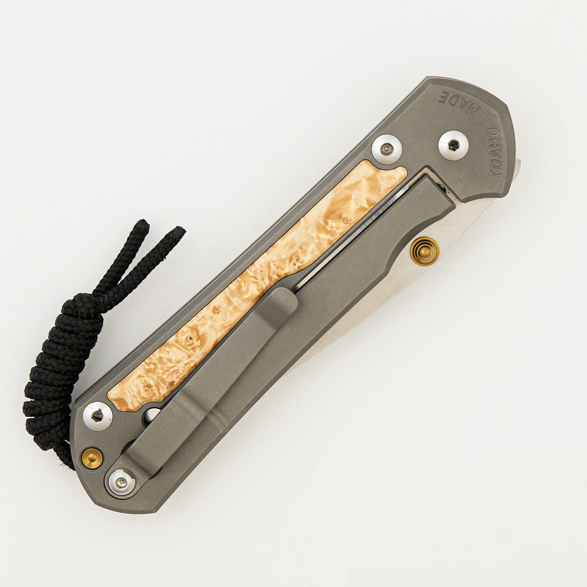 Large Sebenza 31 - Box Elder Inlay - Drop Point Polished CPM MagnaCut Blade - Gold Double Thumb Lugs - Image 4