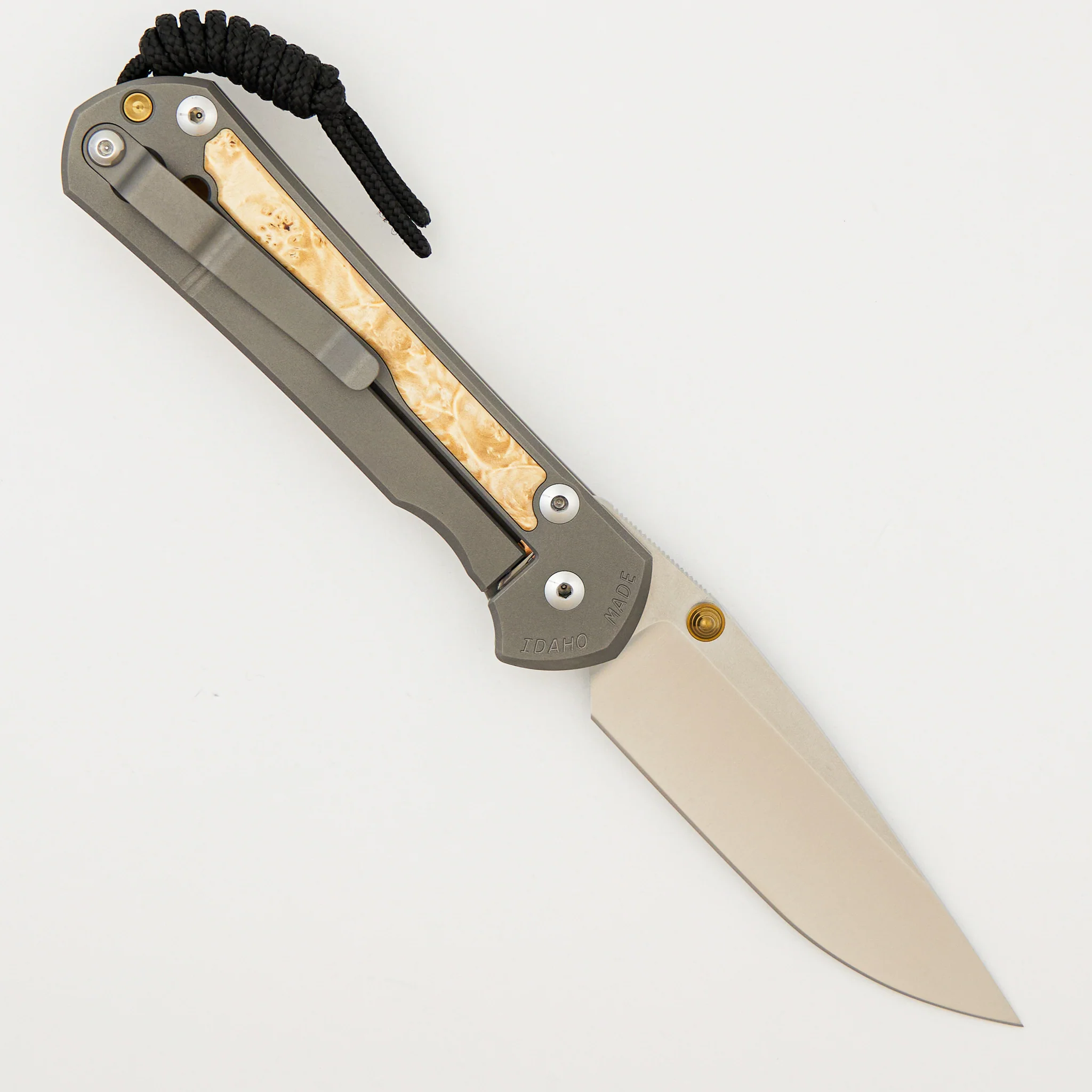 Large Sebenza 31 - Box Elder Inlay - Drop Point Polished CPM MagnaCut Blade - Gold Double Thumb Lugs - Image 9