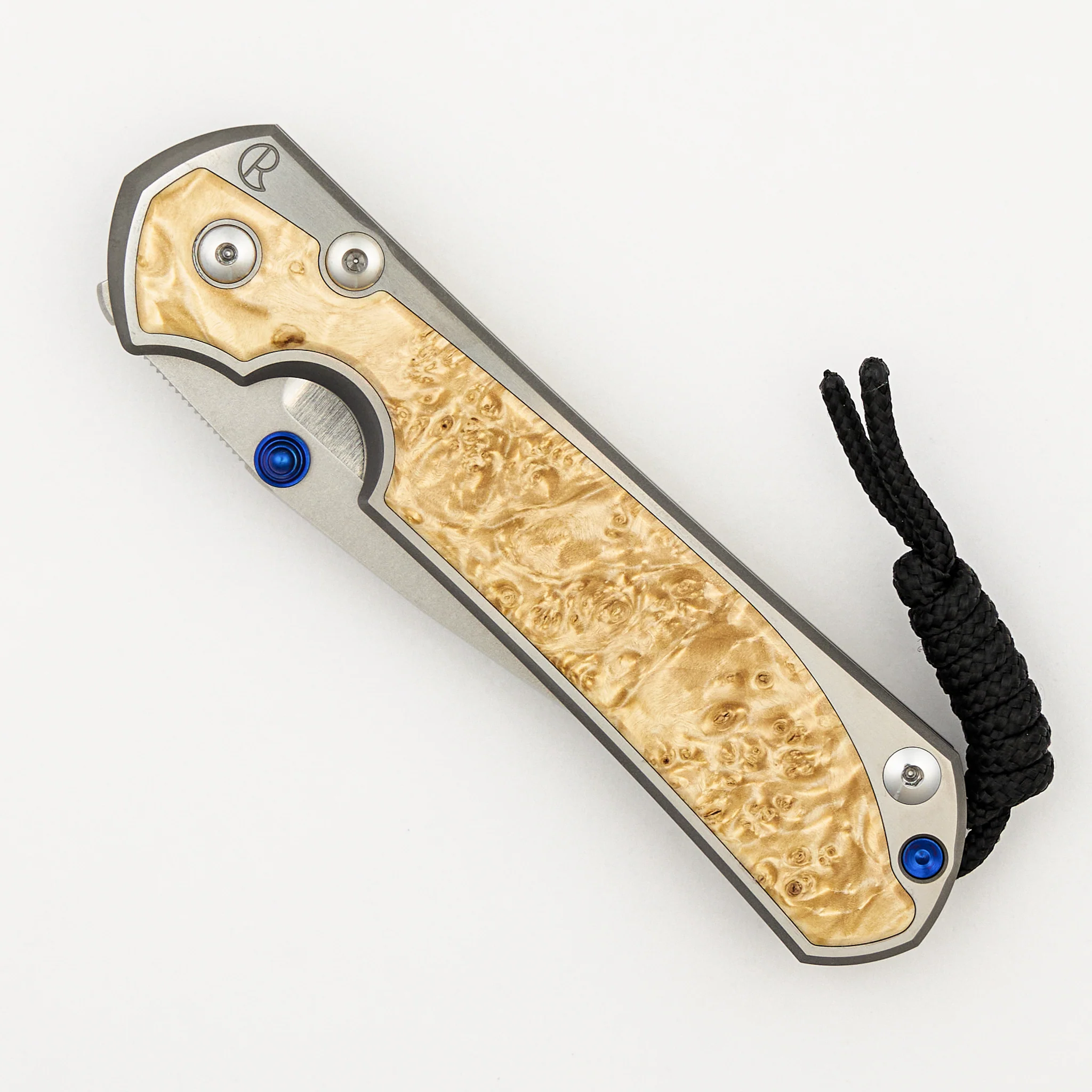 Large Sebenza 31 - Box Elder Inlay - Polished Drop Point CPM MagnaCut Blade - Blue Double Thumb Lugs - Image 10