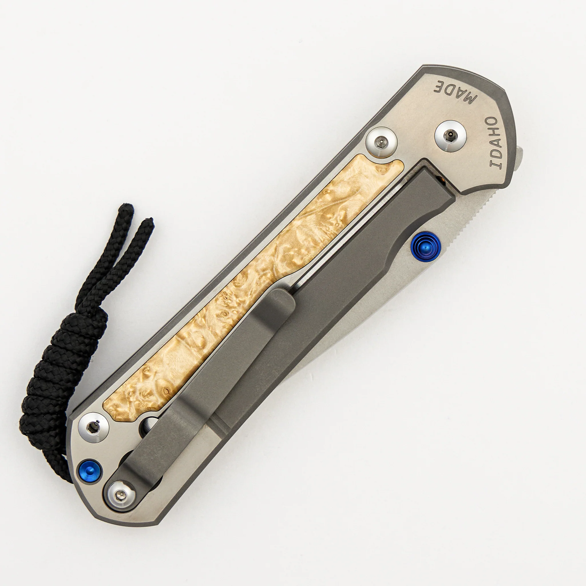 Large Sebenza 31 - Box Elder Inlay - Polished Drop Point CPM MagnaCut Blade - Blue Double Thumb Lugs - Image 11