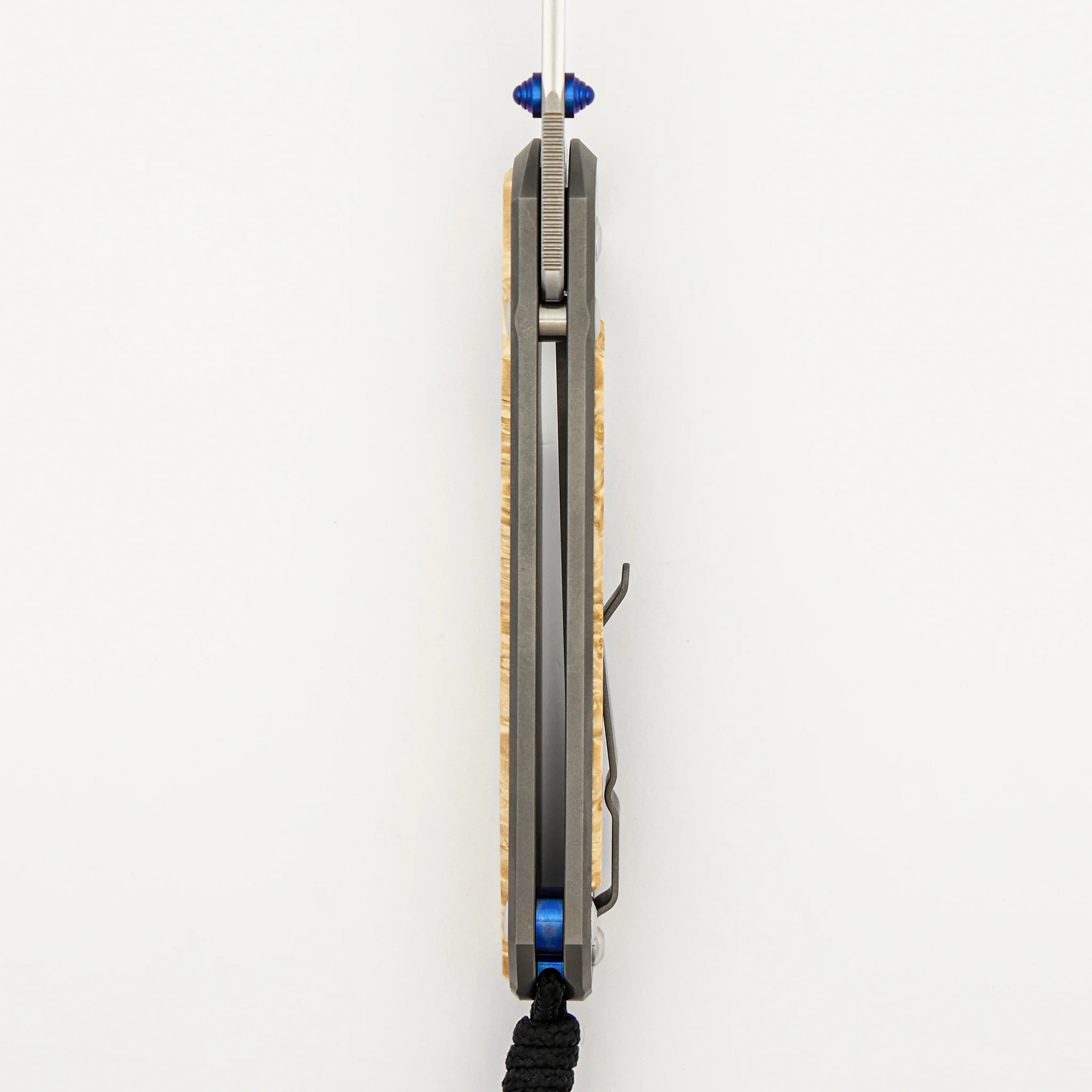 Large Sebenza 31 - Box Elder Inlay - Polished Drop Point CPM MagnaCut Blade - Blue Double Thumb Lugs - Image 14