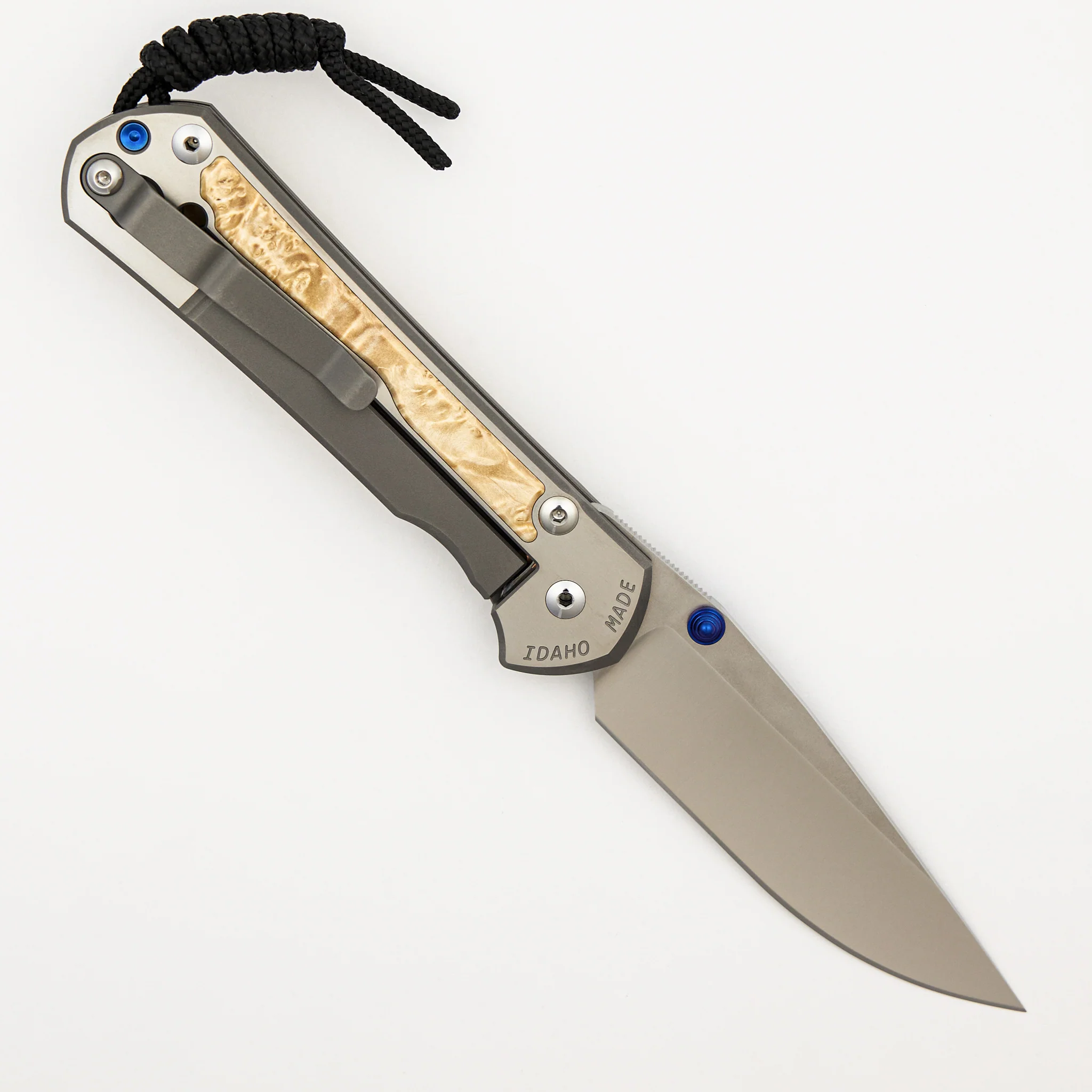 Large Sebenza 31 - Box Elder Inlay - Polished Drop Point CPM MagnaCut Blade - Blue Double Thumb Lugs - Image 16