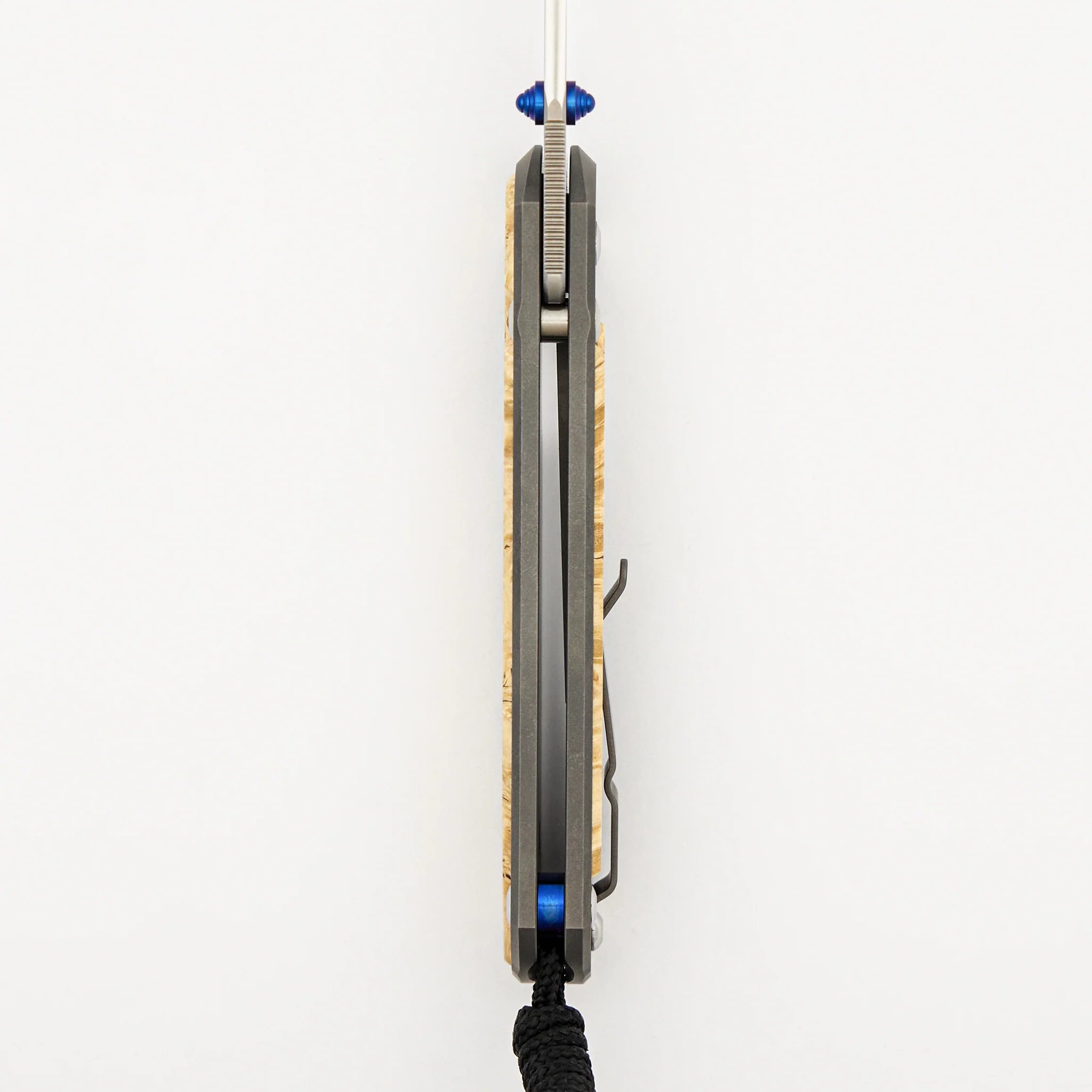 Large Sebenza 31 - Box Elder Inlay - Polished Drop Point CPM MagnaCut Blade - Blue Double Thumb Lugs - Image 28