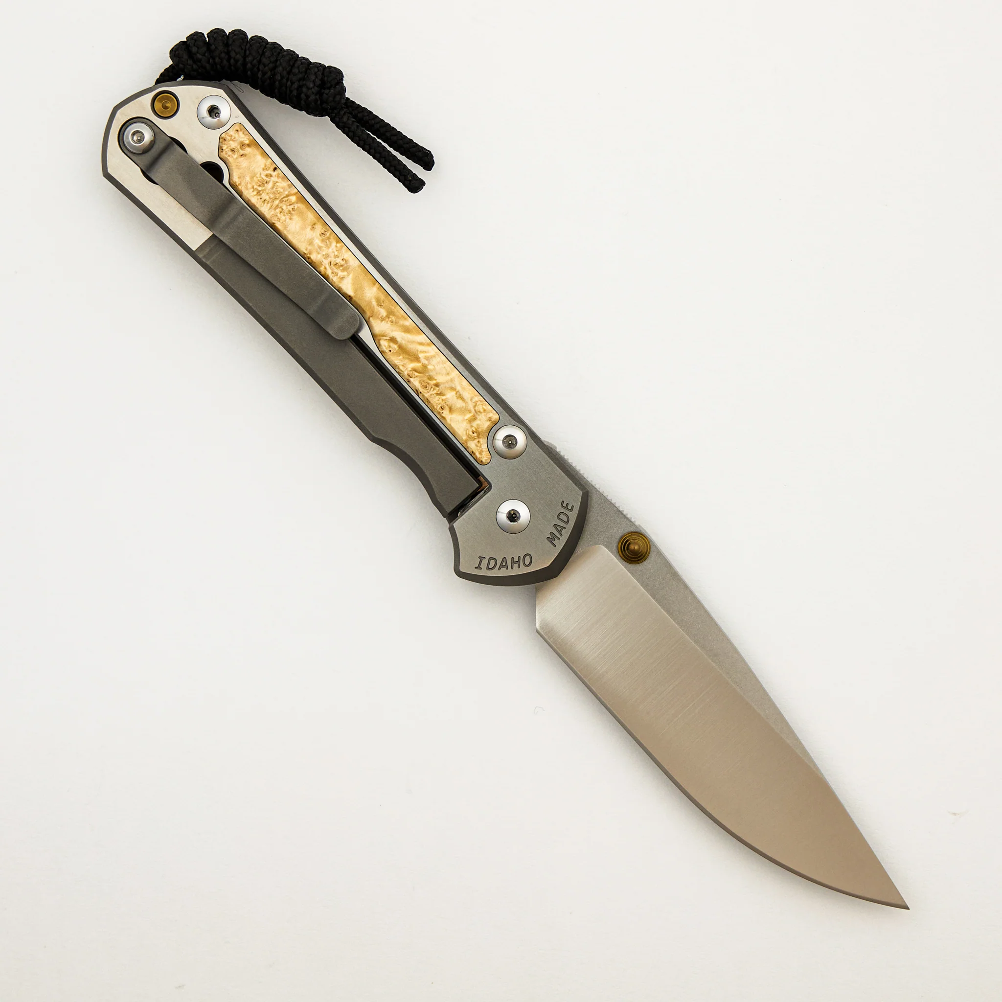 Large Sebenza 31 - Box Elder Inlay - Polished Drop Point CPM MagnaCut Blade - Gold Double Thumb Lugs - Image 2