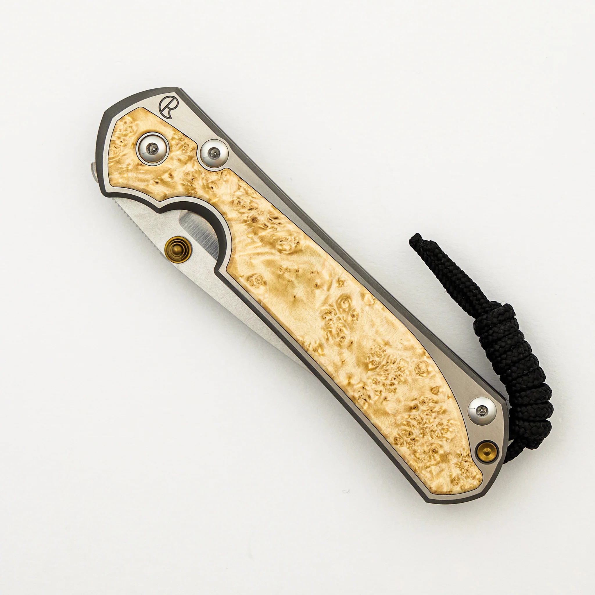 Large Sebenza 31 - Box Elder Inlay - Polished Drop Point CPM MagnaCut Blade - Gold Double Thumb Lugs - Image 3