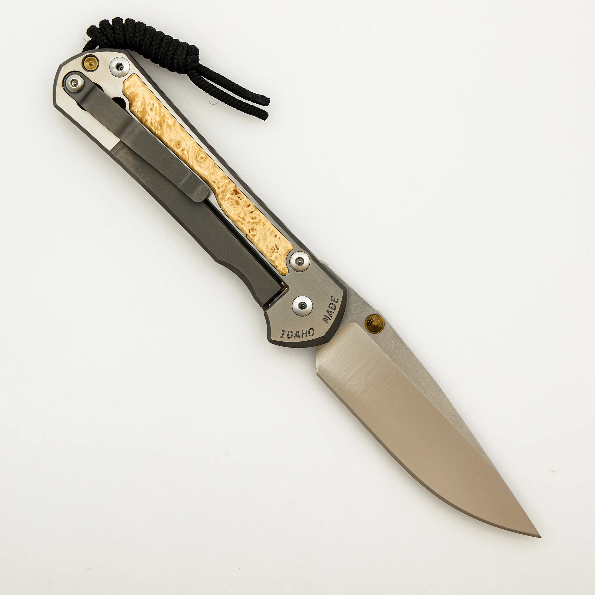 Large Sebenza 31 - Box Elder Inlay - Polished Drop Point CPM MagnaCut Blade - Gold Double Thumb Lugs - Image 9