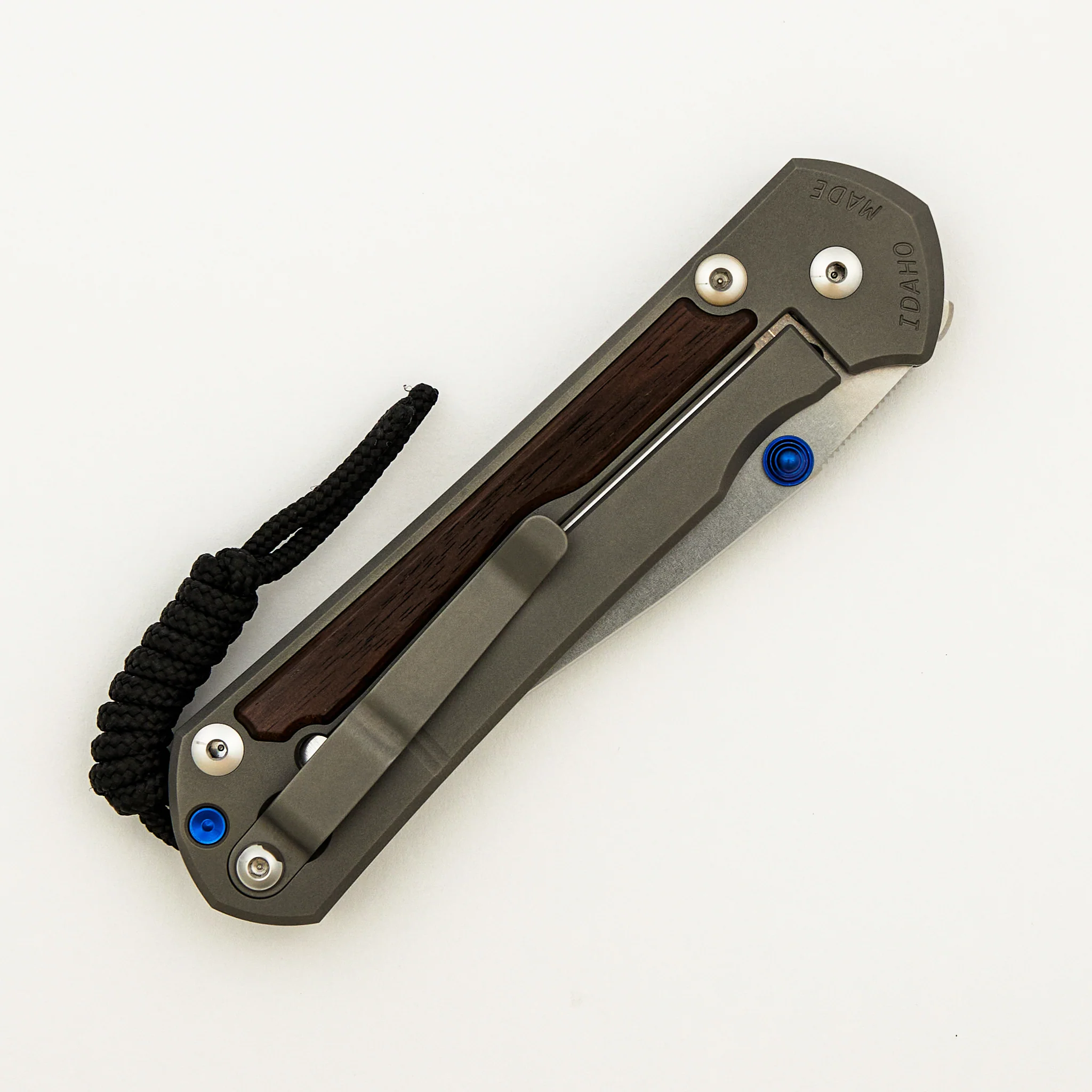 Large Sebenza 31 - Macassar Ebony Inlay - Drop Point Polished CPM MagnaCut Blade - Blue Double Thumb Lugs - Image 11