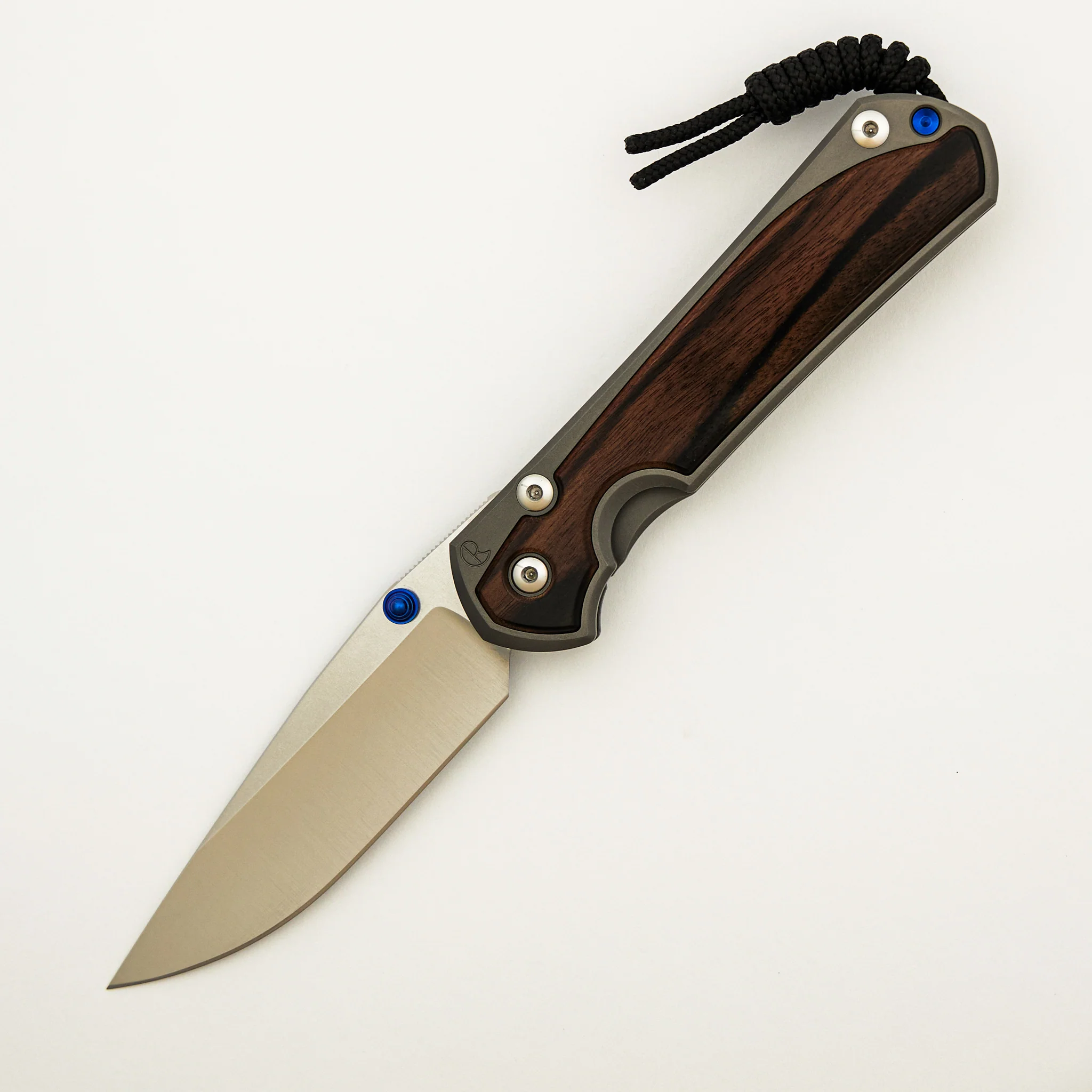 Large Sebenza 31 - Macassar Ebony Inlay - Drop Point Polished CPM MagnaCut Blade - Blue Double Thumb Lugs - Image 15