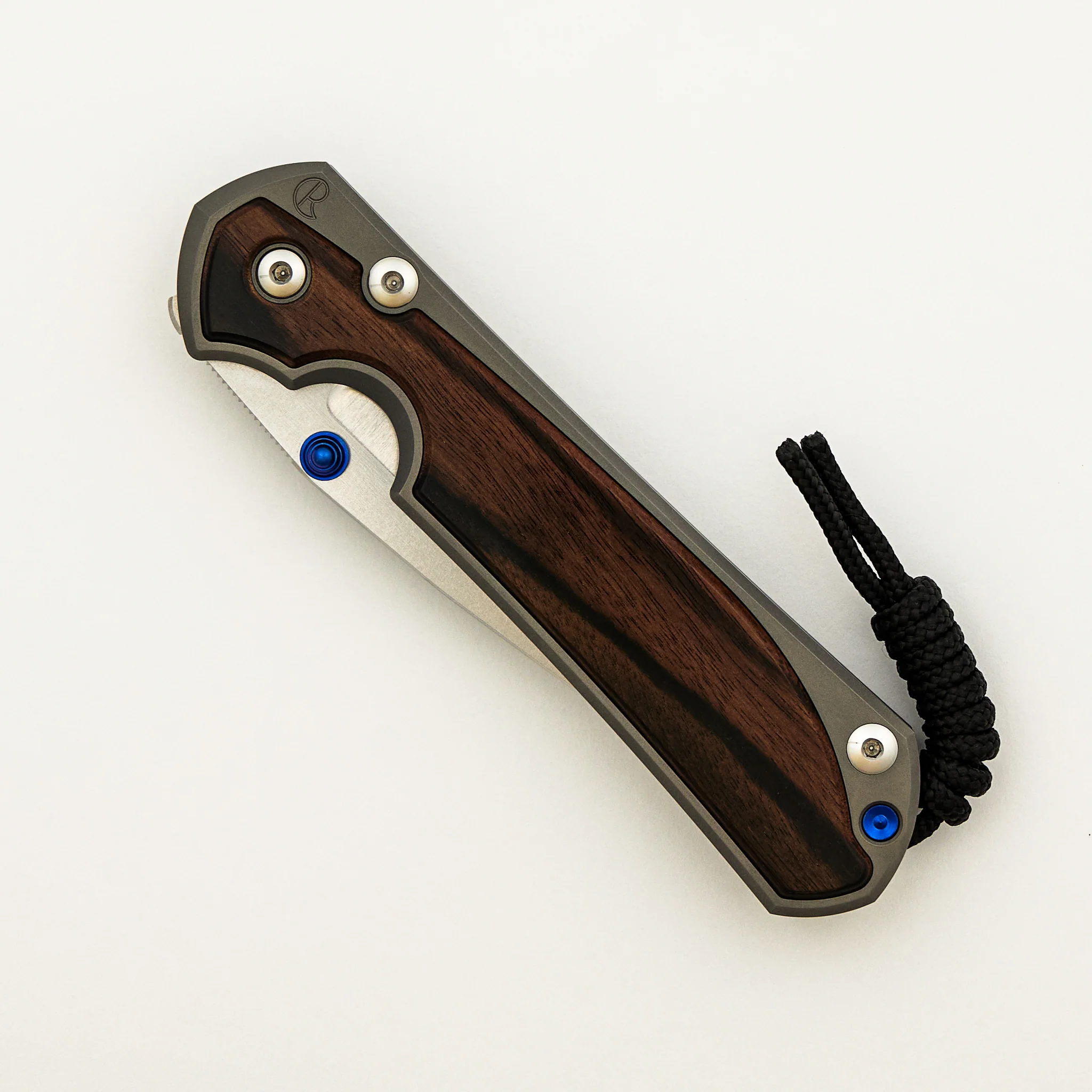 Large Sebenza 31 - Macassar Ebony Inlay - Drop Point Polished CPM MagnaCut Blade - Blue Double Thumb Lugs - Image 17