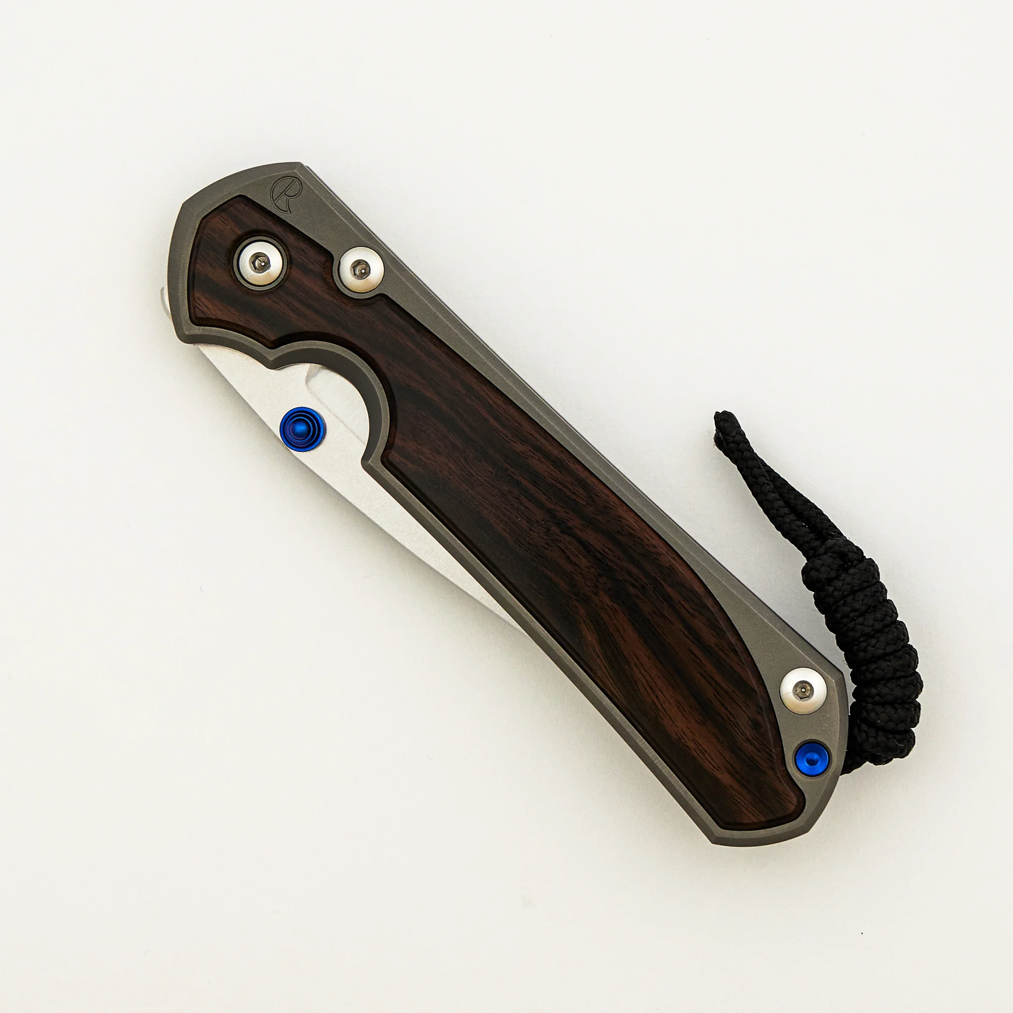 Large Sebenza 31 - Macassar Ebony Inlay - Drop Point Polished CPM MagnaCut Blade - Blue Double Thumb Lugs - Image 3