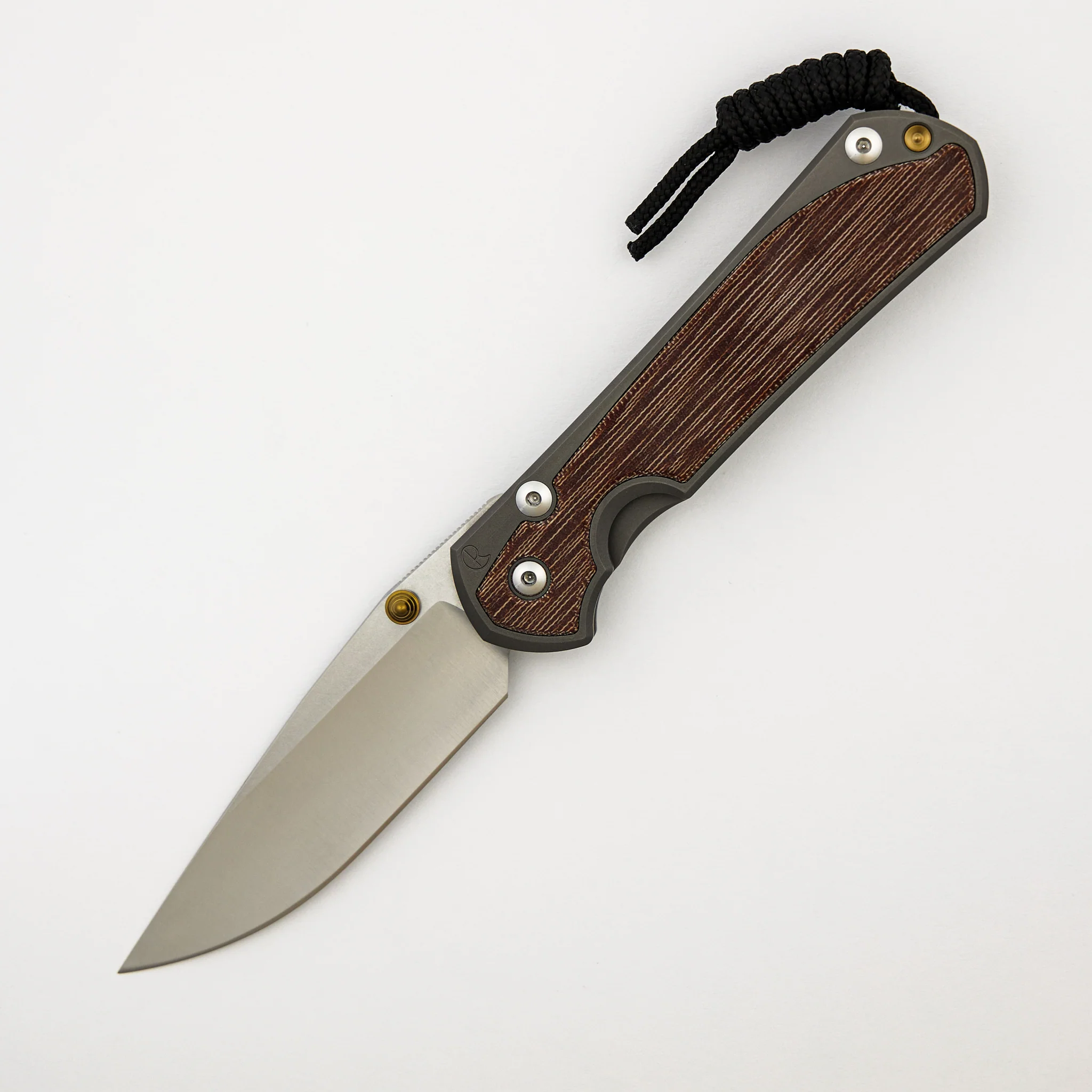 Large Sebenza 31 - Natural Canvas Micarta Inlay - Drop Point Polished CPM MagnaCut Blade - Glass Blasted - Gold Double Thumb Lugs