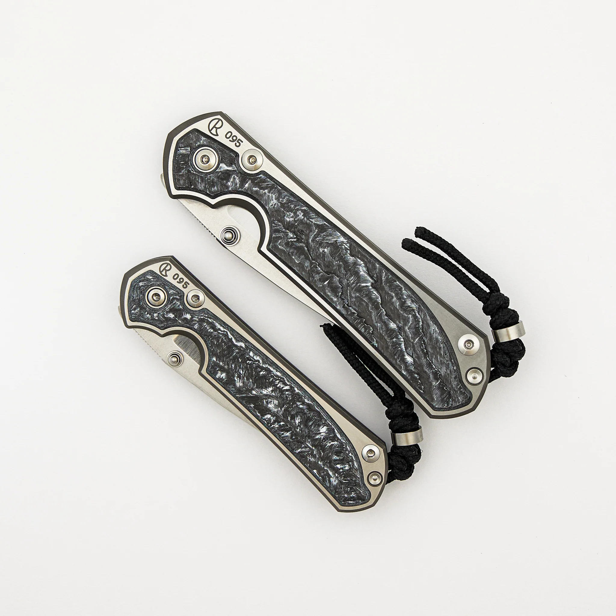 Large & Small Sebenza 31 Numbered Matched Set - White CarboTi Inlay - Polished Drop Point CPM MagnaCut Blade - Silver Double Lugs - Image 3