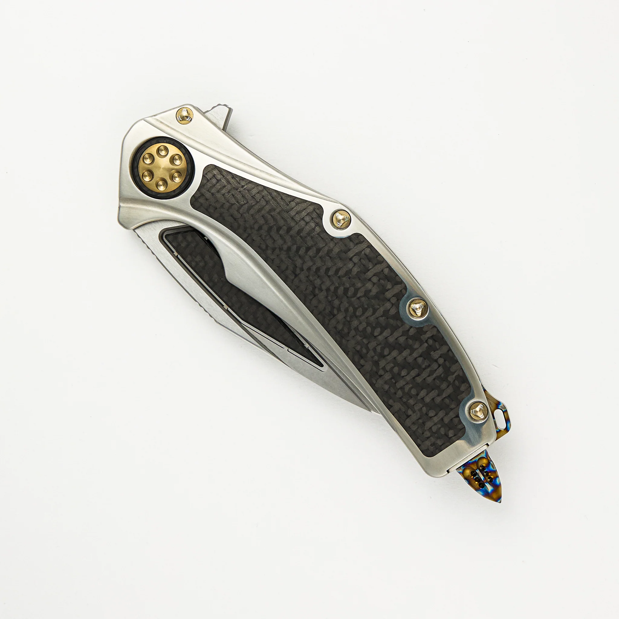 Marfione Custom Knives Super Matrix - R - Mirror Polish W/ Carbon Fiber Inlay - Hand Rub Satin Titanum W/ Carbon Fiber Inlay S/N 003 - Image 3