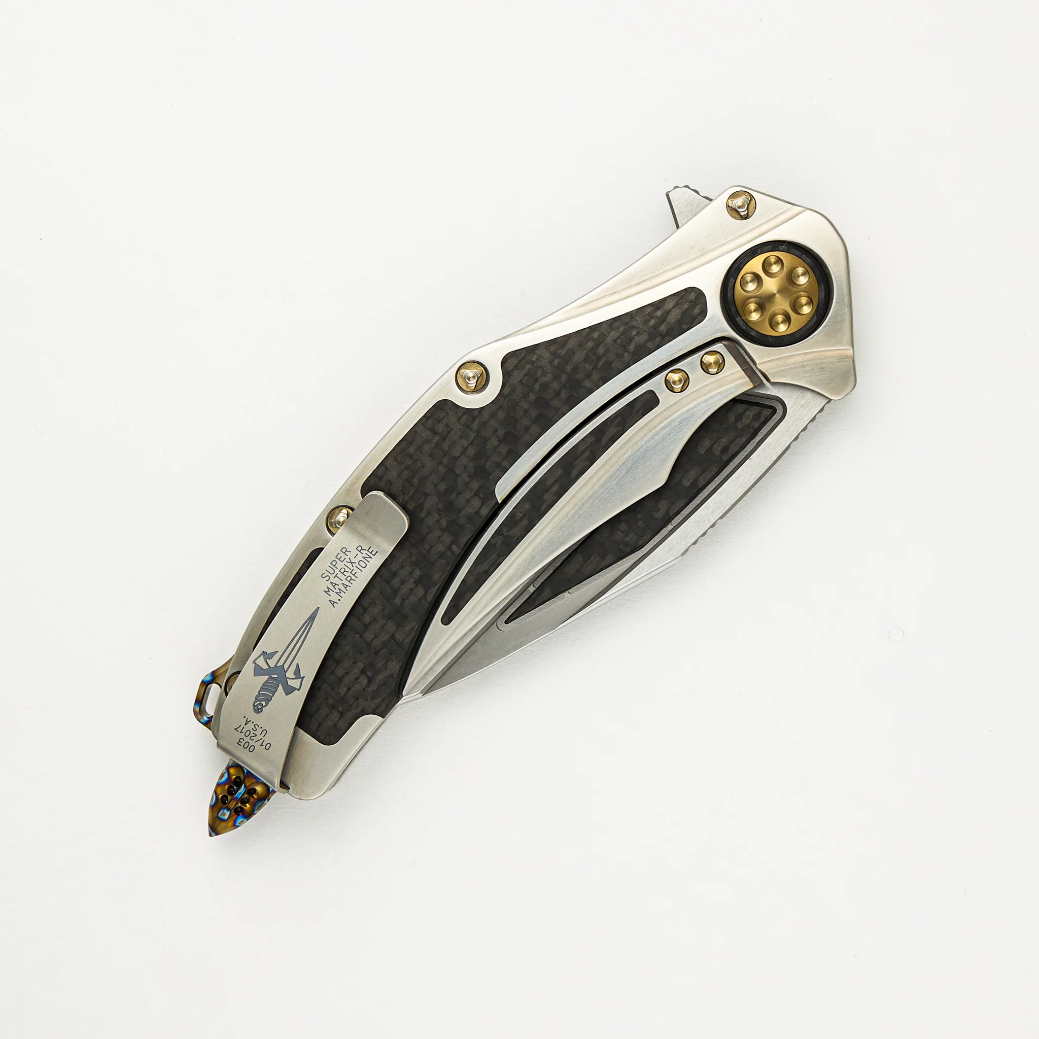 Marfione Custom Knives Super Matrix - R - Mirror Polish W/ Carbon Fiber Inlay - Hand Rub Satin Titanum W/ Carbon Fiber Inlay S/N 003 - Image 4