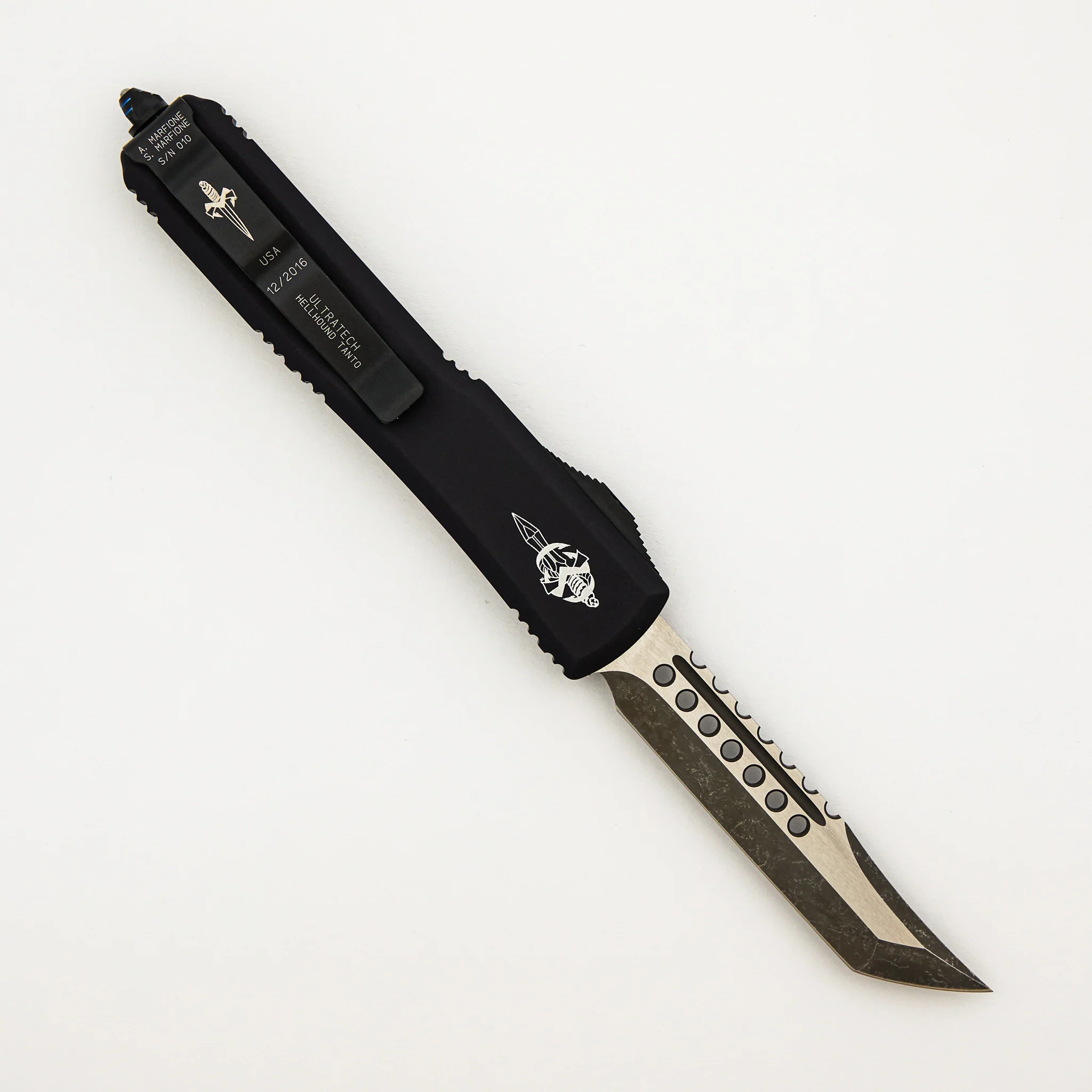 Marfione Custom Knives Ultratech - Hellhound Tanto Fallout Finish - Anodized Alloy W/ Ringed Blued HW S/N 010 - Image 2