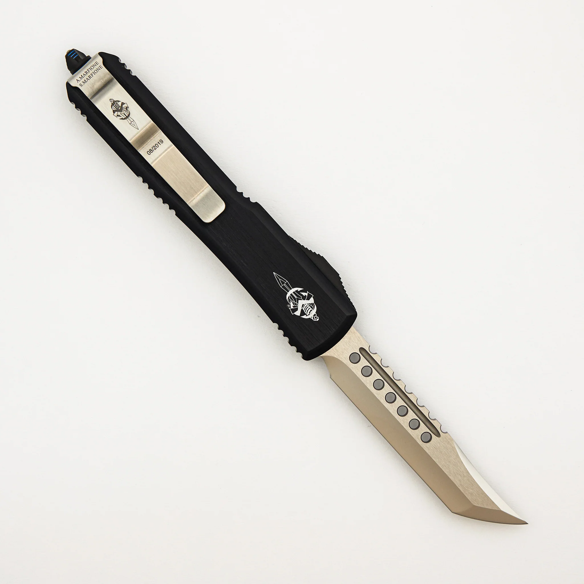 Marfione Custom Knives Ultratech - Hellhound Tanto Mirror Polish - Anodized Hefted Alloy W/ Blue Ringed Titanium HW - Image 2