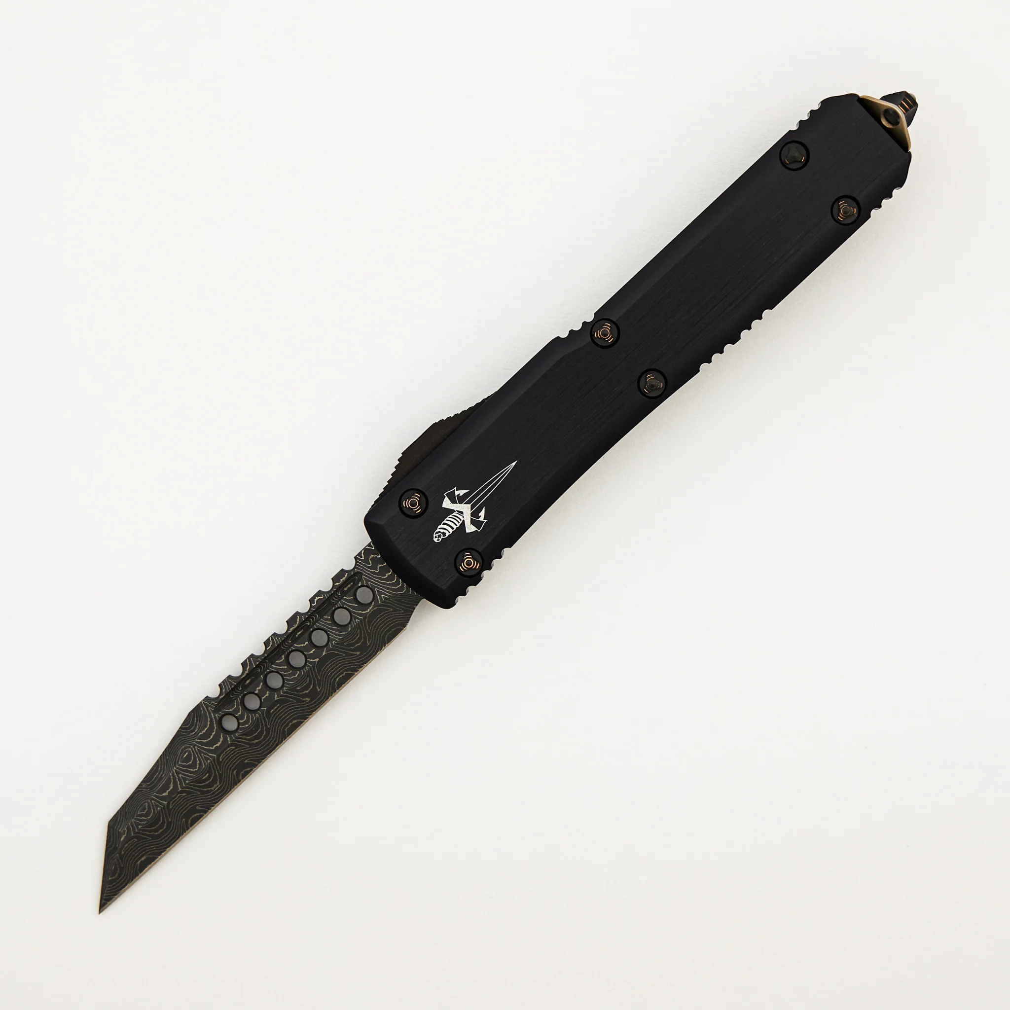 Marfione Custom Knives Ultratech - Warhound Vegas Forge Sharktooth Pattern - Hefted Anodized Alloy W/ Copper Ringed HW S/N 019
