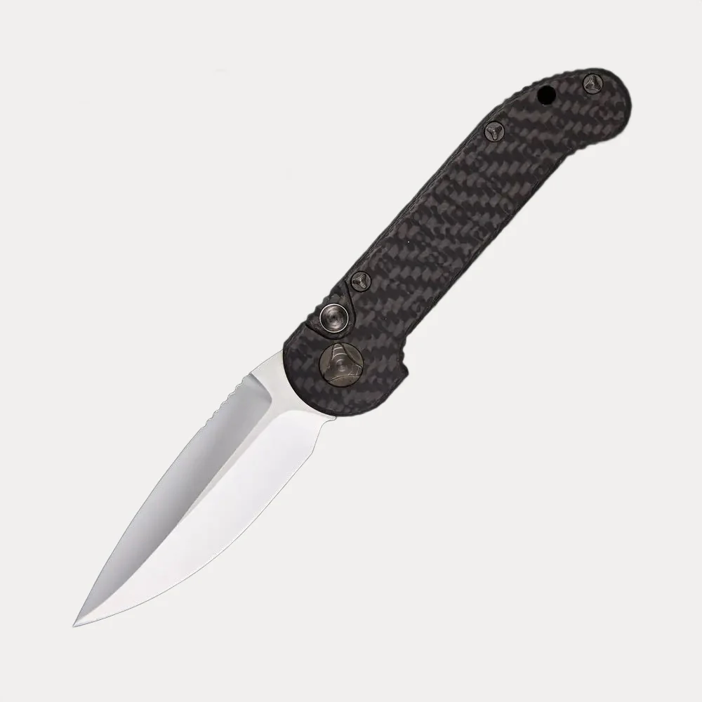 MARFIONE CUSTOM KNIVES LUDT MIRROR POLISH CARBON FIBER W/ CARBON FIBER INLAID BUTTON DLC RINGED HARDWARE S/N 023