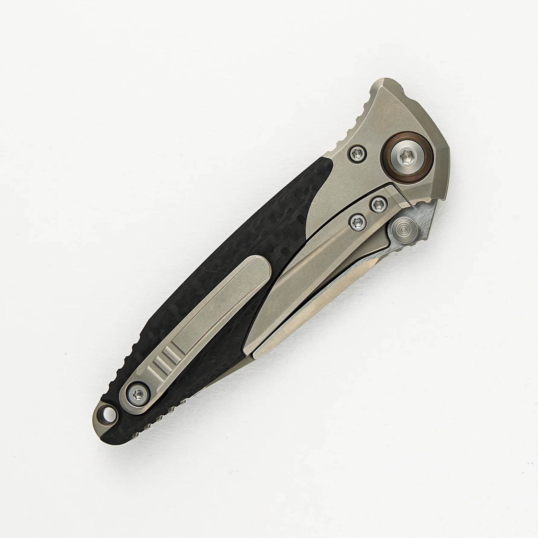 Socom Bravo Mini S/E Titanium Handle Bead Blast Standard Partial Serrated Bronze Titanium Pivot Collar Carbon Fiber Scales 260M-8CFTI - Image 4