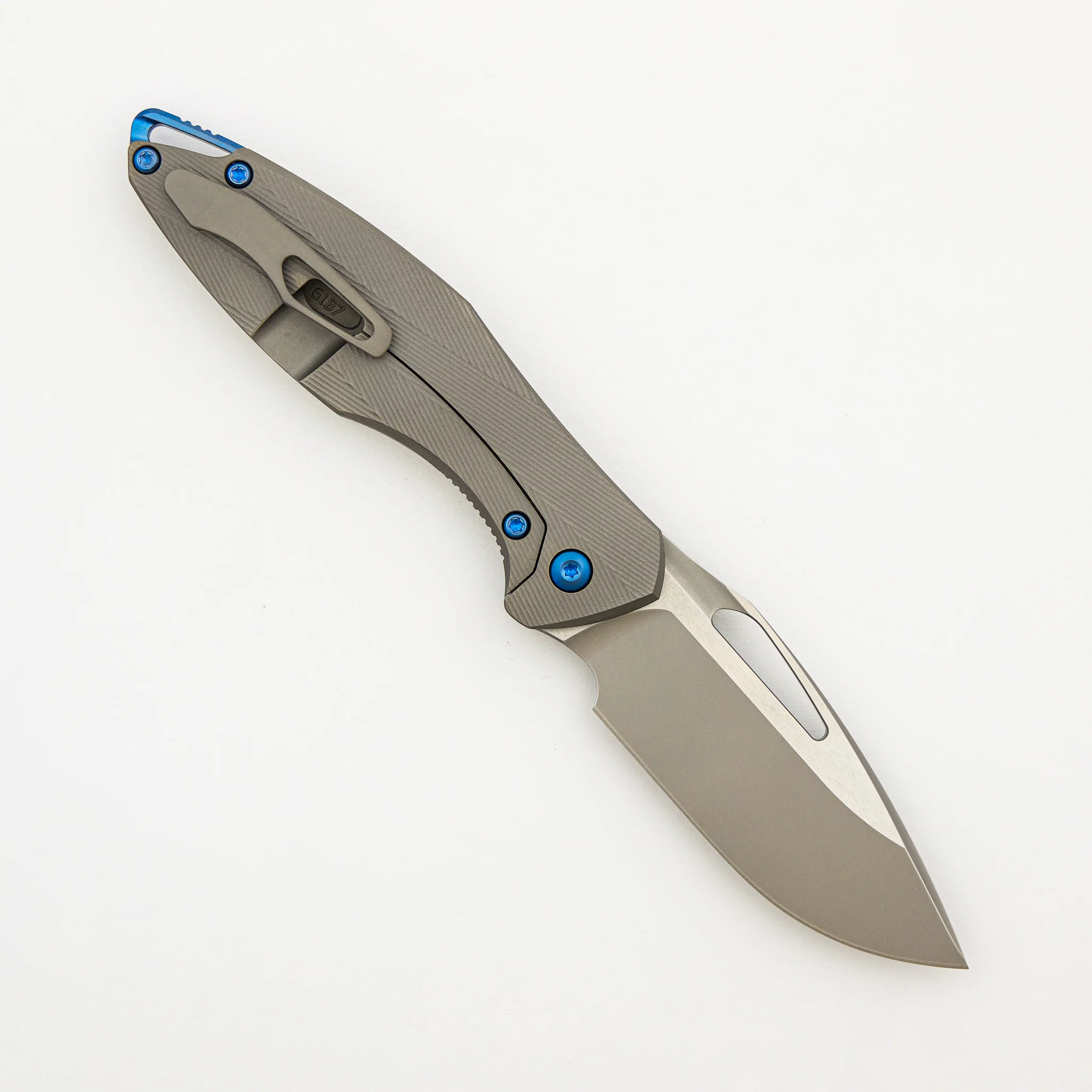 Mini Arius - Non Flipper - Patterned Titanium Handle - Blue Hardware - Burnished W/ Polished Flats M390 Blade - Image 2