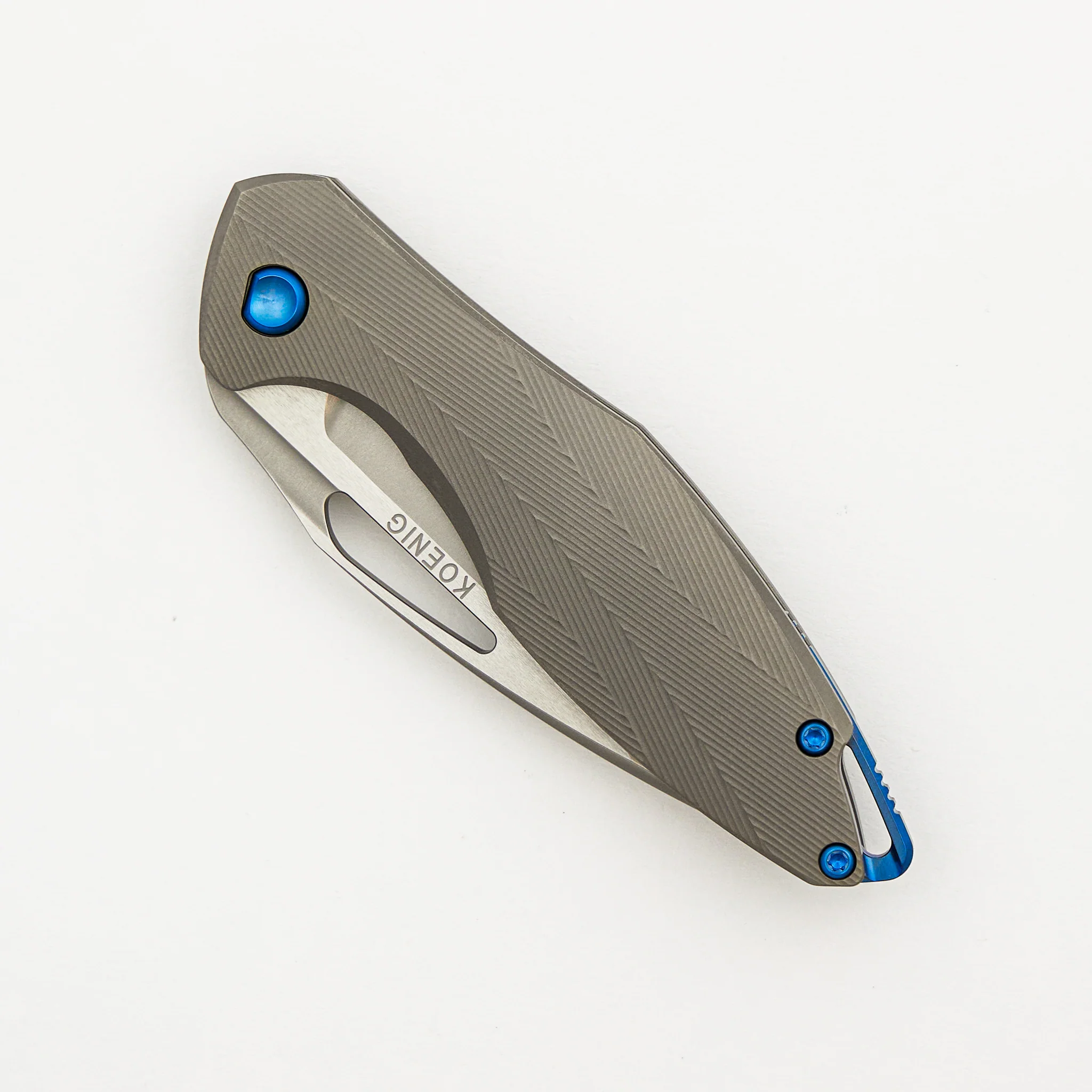 Mini Arius - Non Flipper - Patterned Titanium Handle - Blue Hardware - Burnished W/ Polished Flats M390 Blade - Image 3