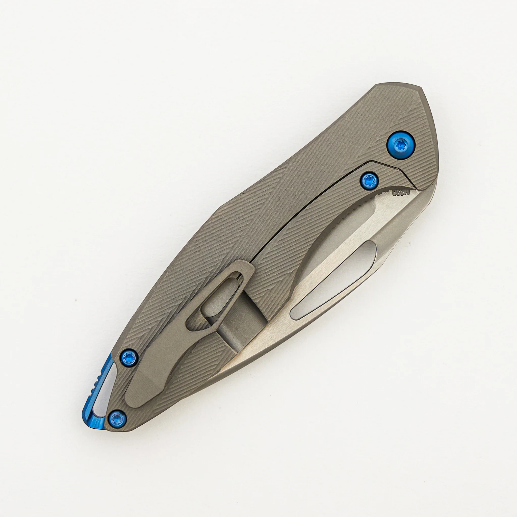 Mini Arius - Non Flipper - Patterned Titanium Handle - Blue Hardware - Burnished W/ Polished Flats M390 Blade - Image 4