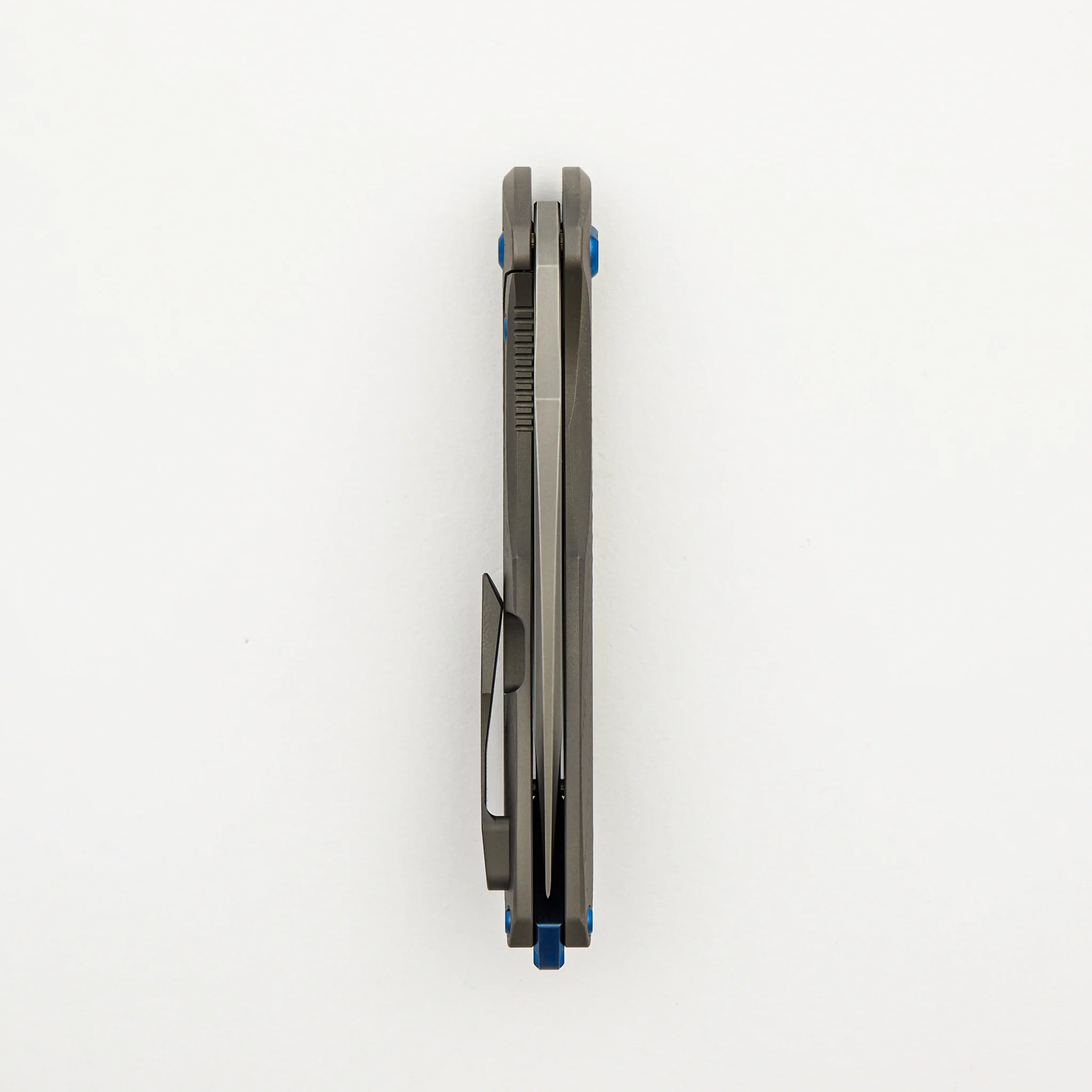 Mini Arius - Non Flipper - Patterned Titanium Handle - Blue Hardware - Burnished W/ Polished Flats M390 Blade - Image 5