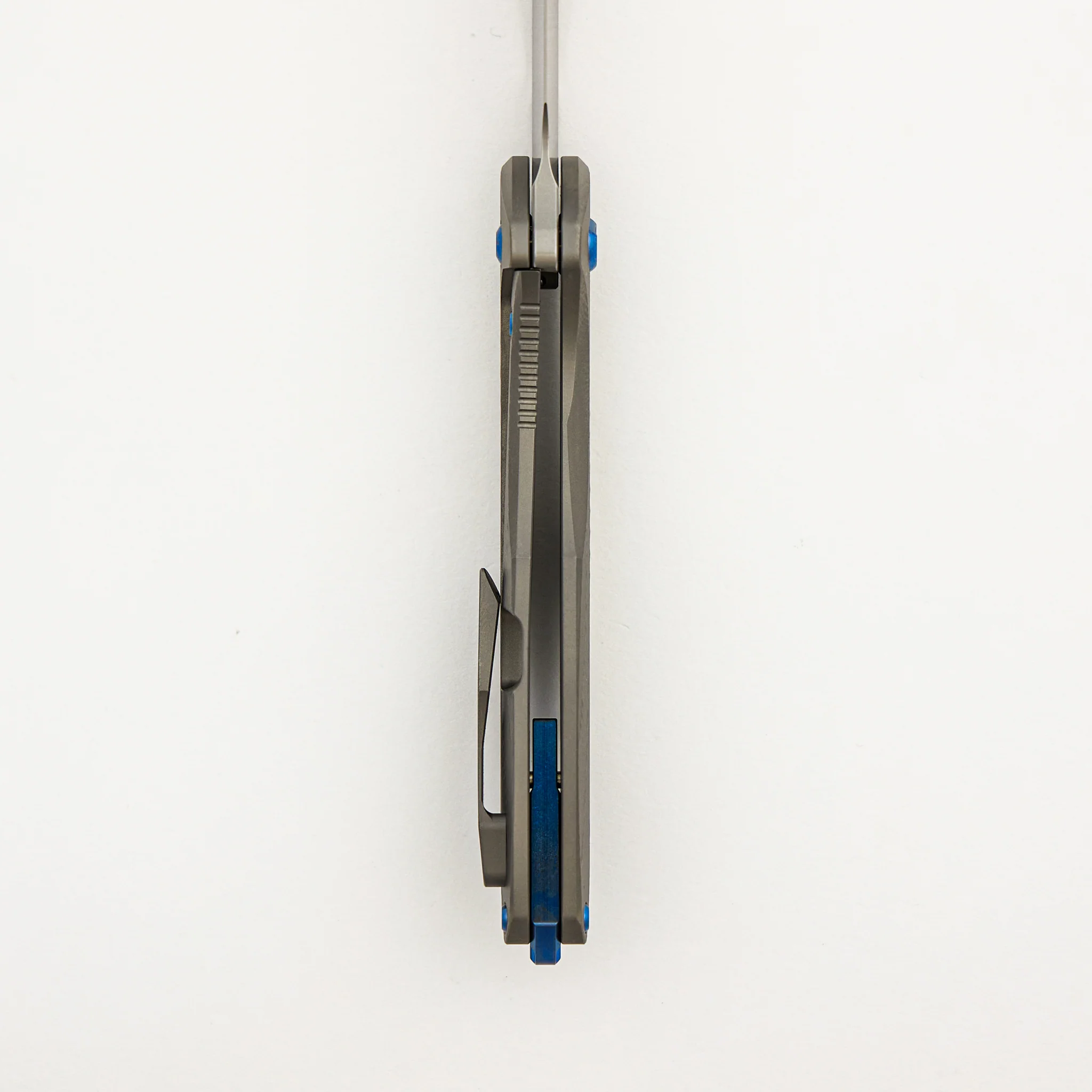 Mini Arius - Non Flipper - Patterned Titanium Handle - Blue Hardware - Burnished W/ Polished Flats M390 Blade - Image 6