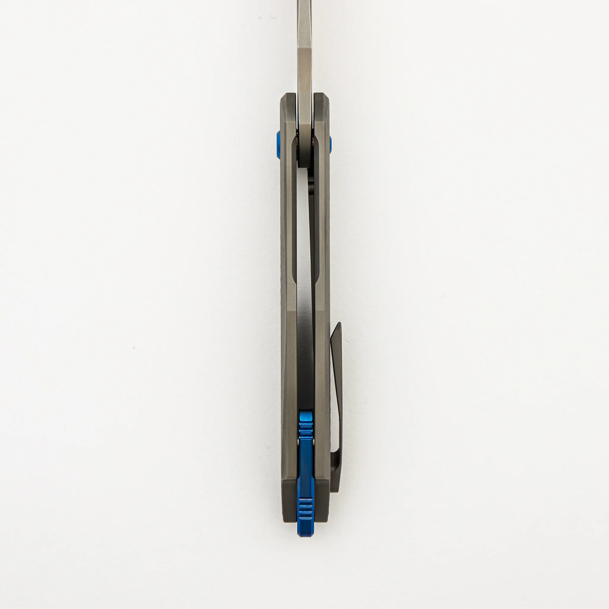 Mini Arius - Non Flipper - Patterned Titanium Handle - Blue Hardware - Burnished W/ Polished Flats M390 Blade - Image 7
