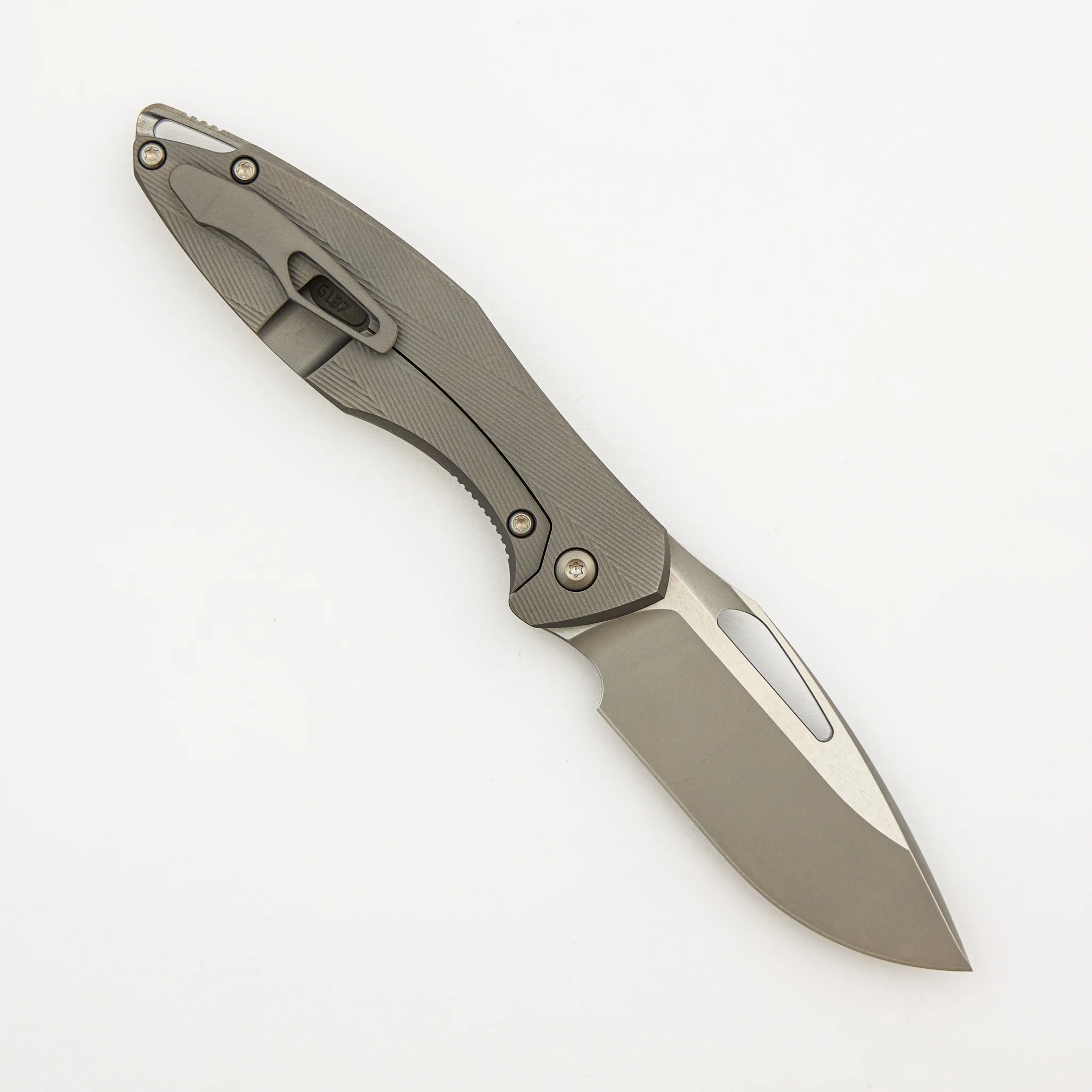 Mini Arius - Non Flipper - Patterned Titanium Handle - Silver Hardware - Burnished W/ Polished Flats M390 Blade - Image 2