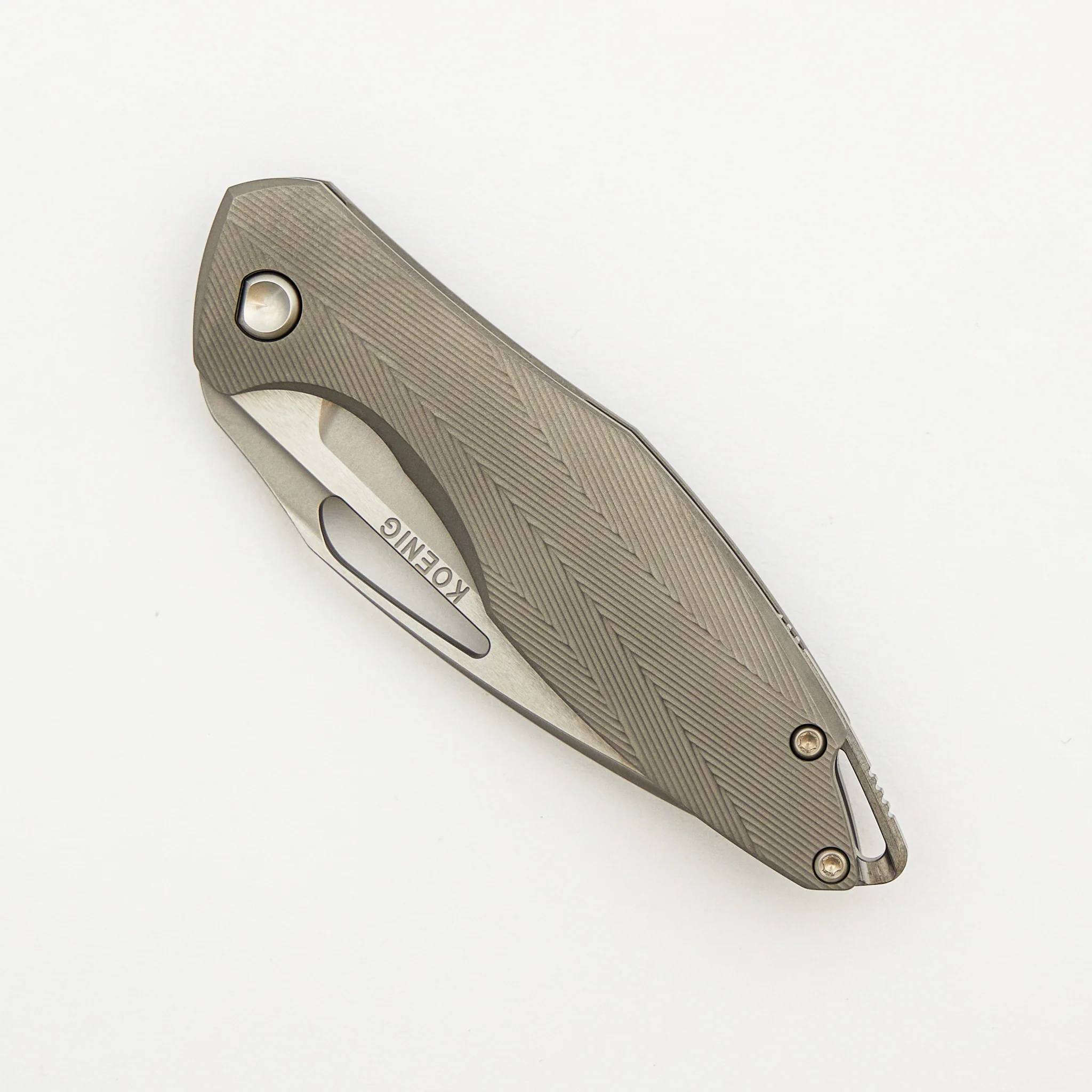 Mini Arius - Non Flipper - Patterned Titanium Handle - Silver Hardware - Burnished W/ Polished Flats M390 Blade - Image 3