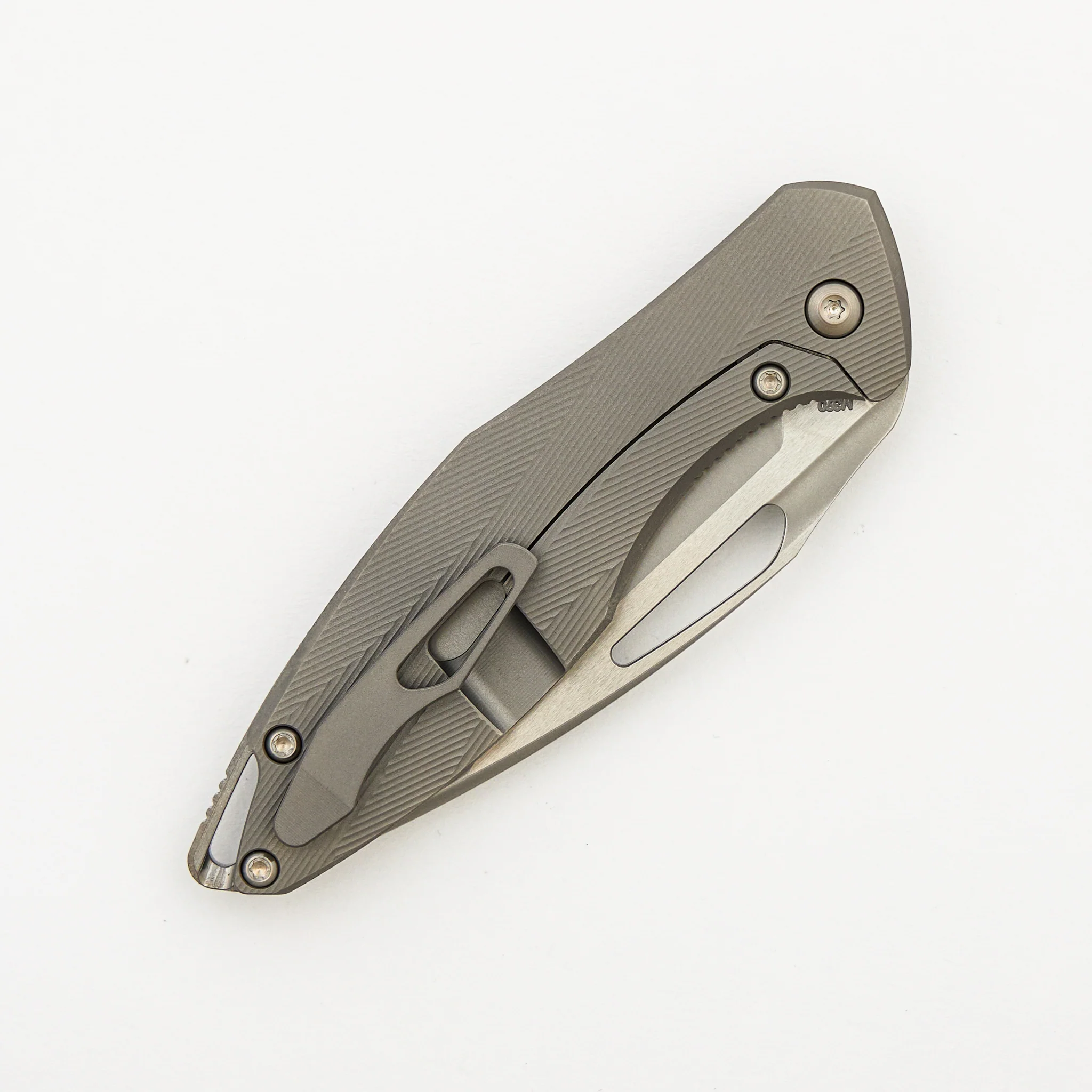 Mini Arius - Non Flipper - Patterned Titanium Handle - Silver Hardware - Burnished W/ Polished Flats M390 Blade - Image 4