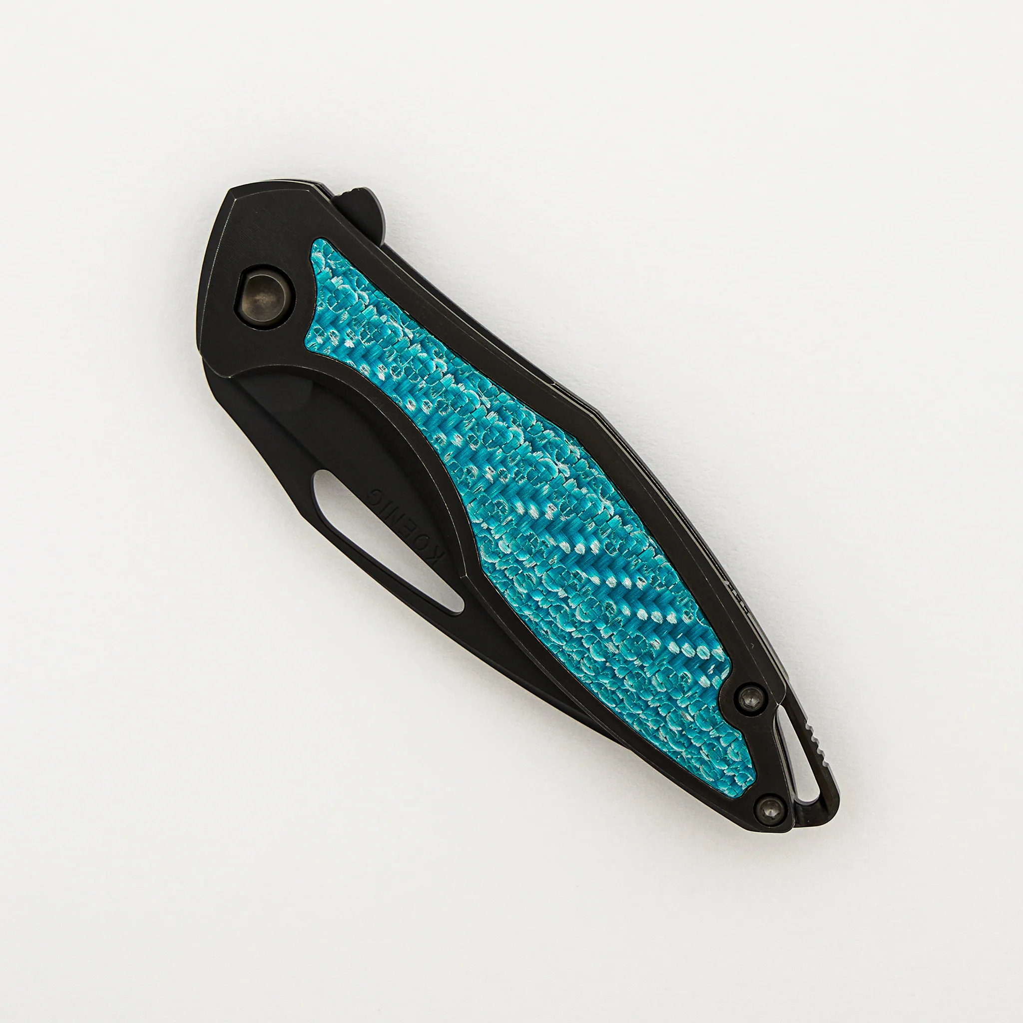 Mini Arius - Smooth Black Titanium Handle - Aqua Teal Twill Inlay - Black Hardware - Matte DLC M390 Blade - Image 3