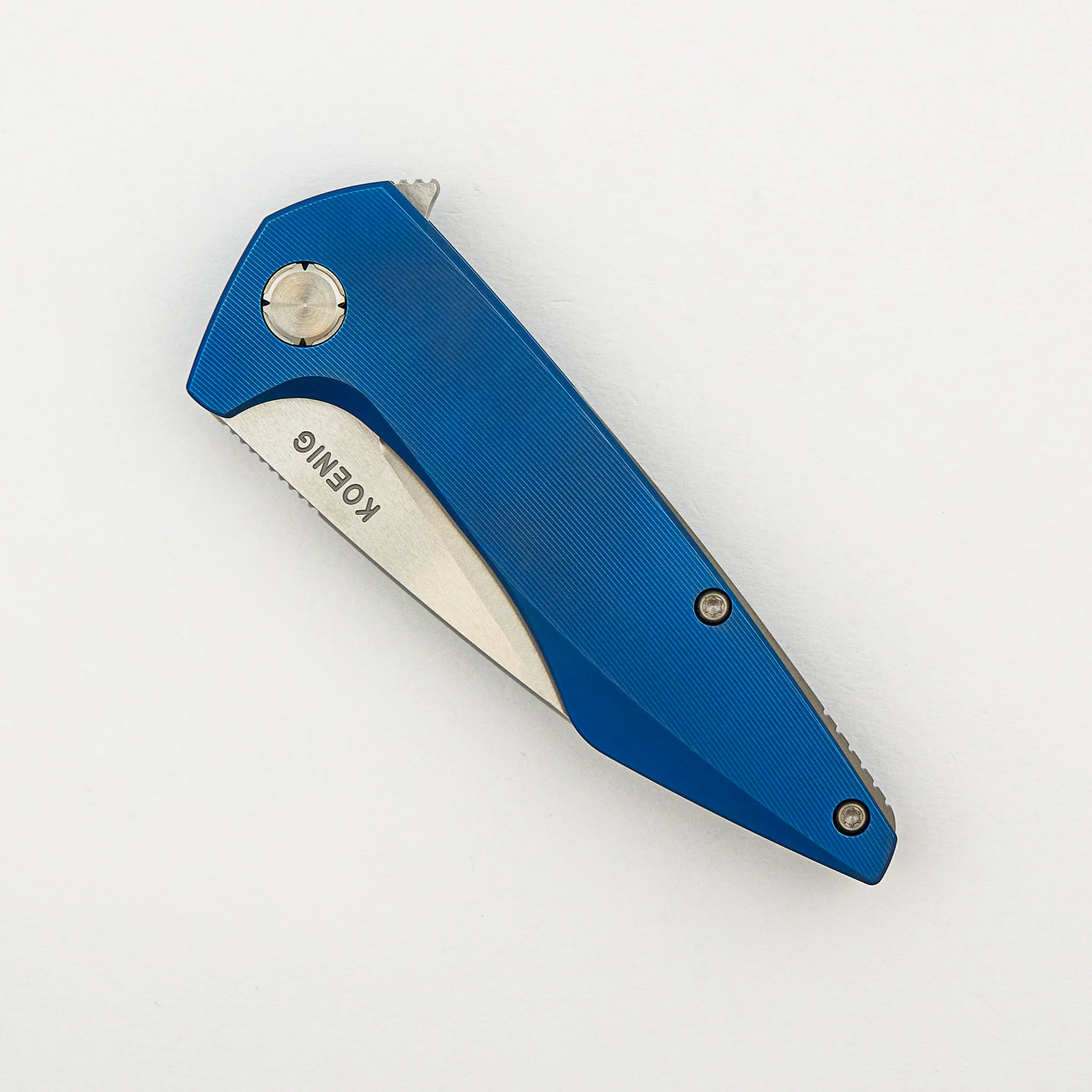 Mini Goblin - Blue Smooth Titanium Handle - Silver Hardware - Brightwashed w/ Polished Flats M390 Blade - Image 3