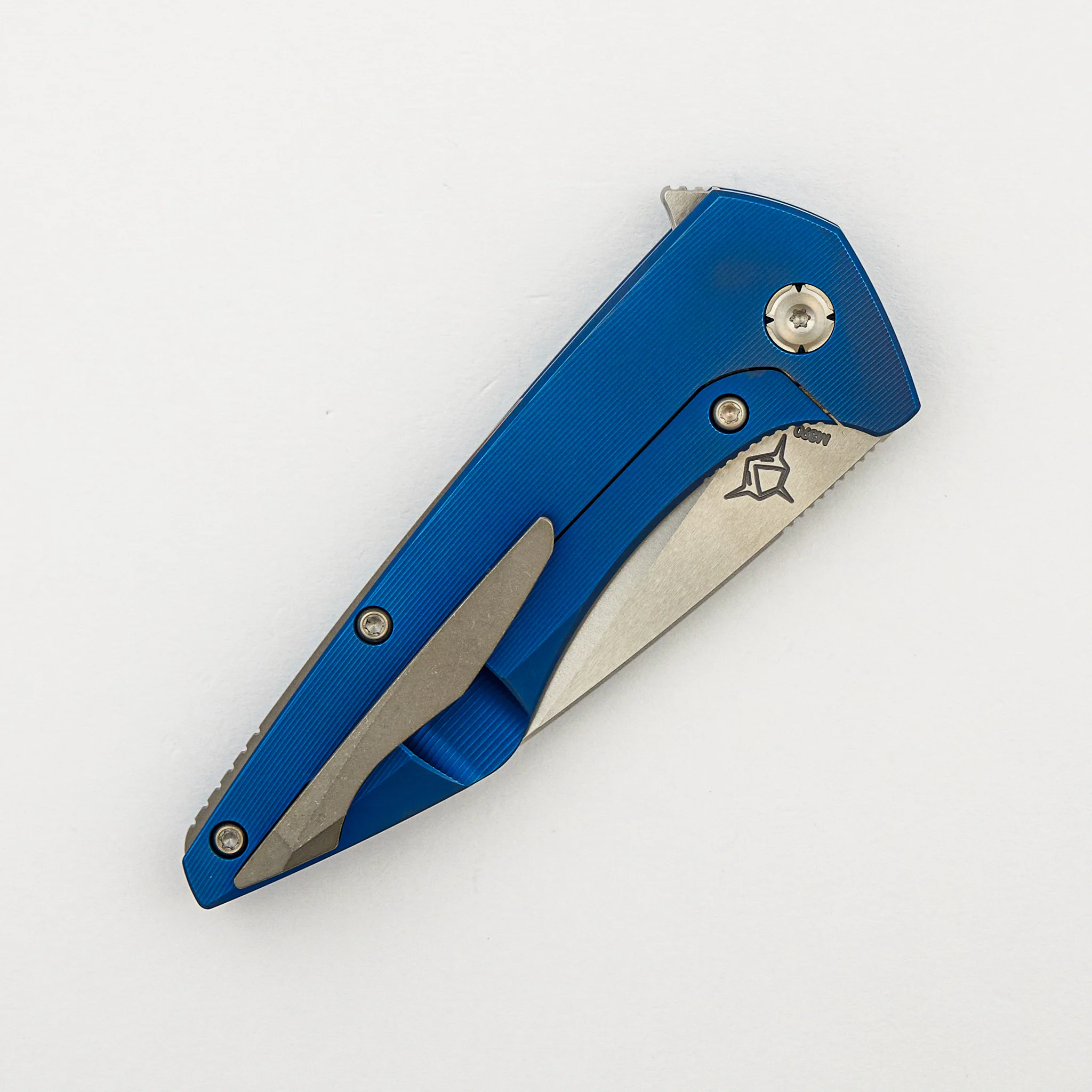 Mini Goblin - Blue Smooth Titanium Handle - Silver Hardware - Brightwashed w/ Polished Flats M390 Blade - Image 4