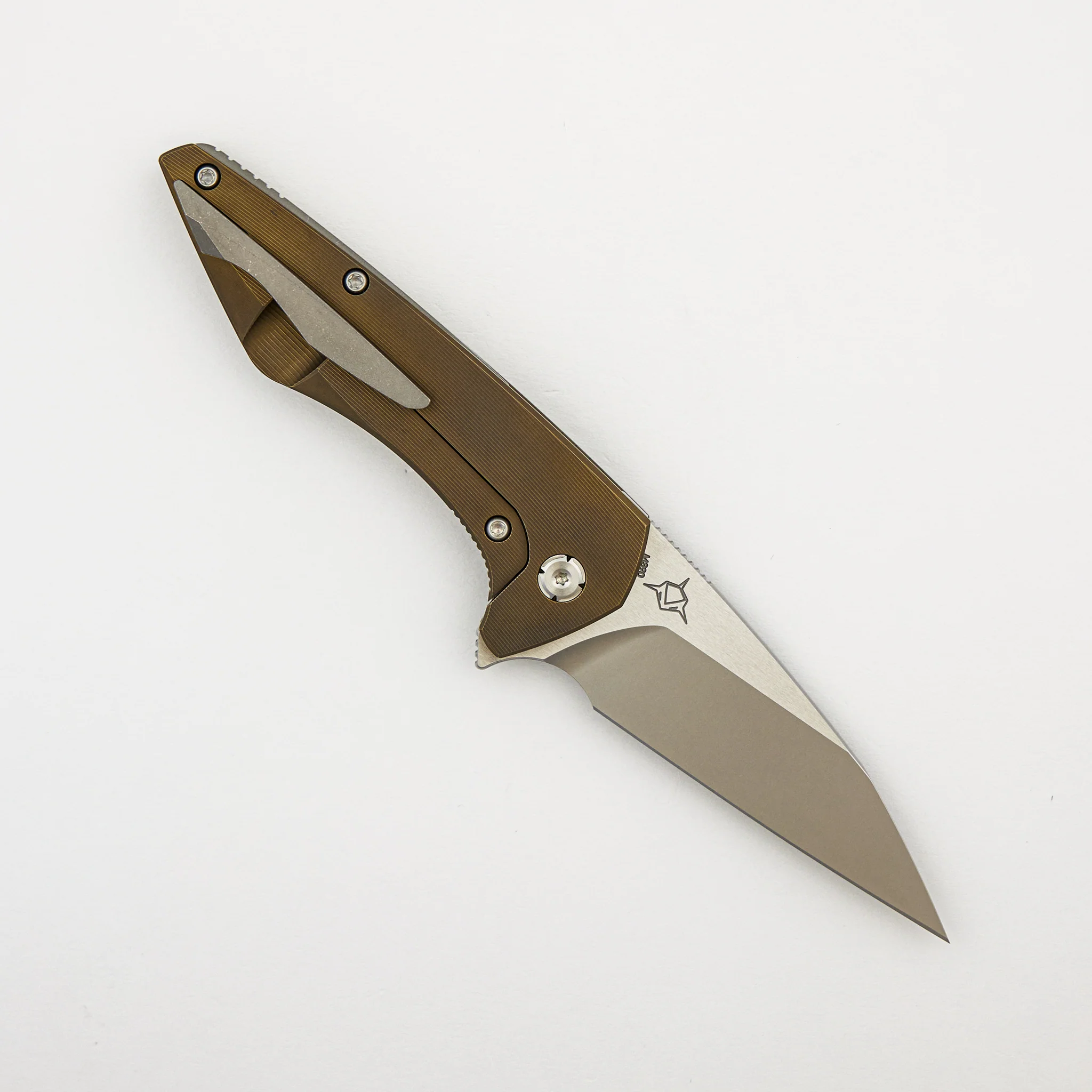 Mini Goblin - Bronze Smooth Titanium Handle - Silver Hardware - Brightwashed w/ Polished Flats M390 Blade - Image 2