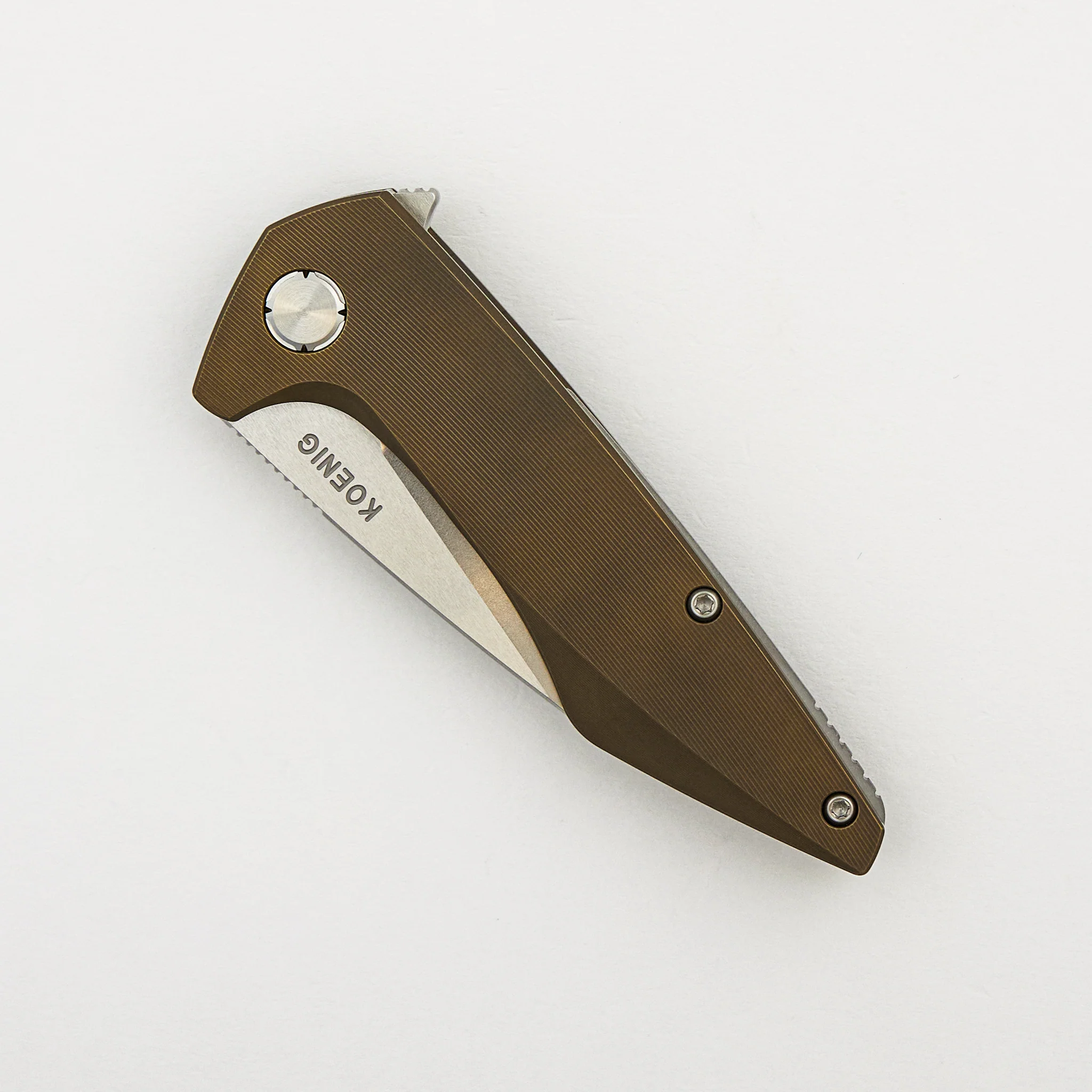 Mini Goblin - Bronze Smooth Titanium Handle - Silver Hardware - Brightwashed w/ Polished Flats M390 Blade - Image 3