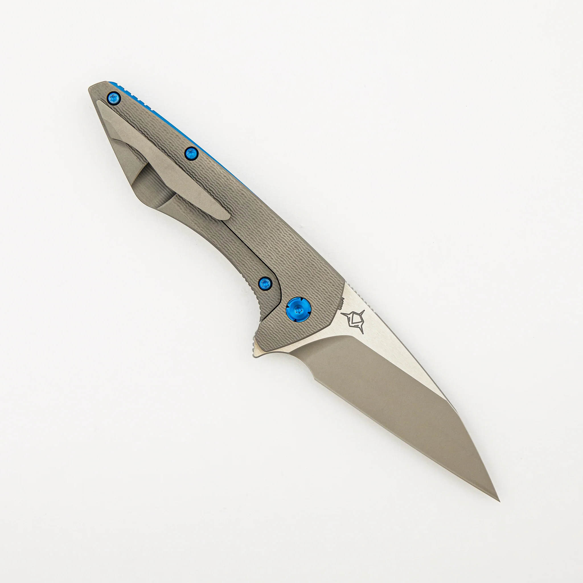 Mini Goblin - PCF Pattern Titanium Handle - Blue Hardware - Burnished w/ Polished Flats M390 Blade - Image 2