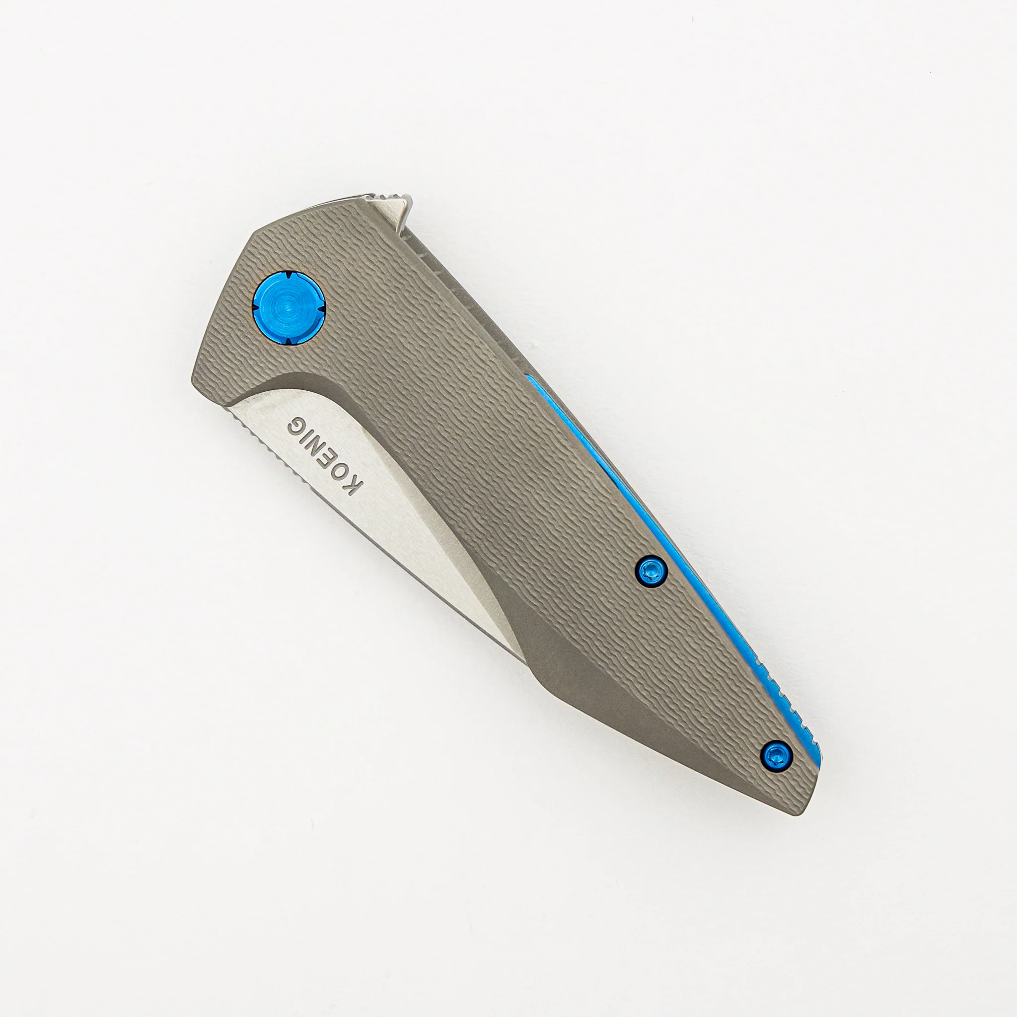 Mini Goblin - PCF Pattern Titanium Handle - Blue Hardware - Burnished w/ Polished Flats M390 Blade - Image 3
