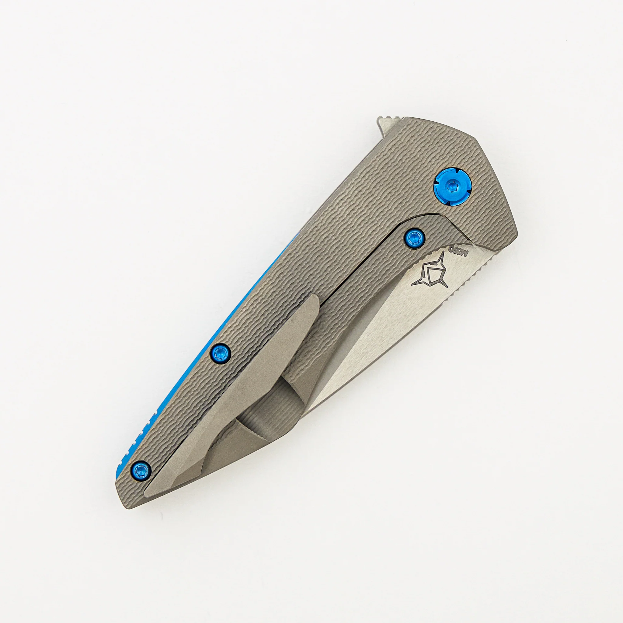 Mini Goblin - PCF Pattern Titanium Handle - Blue Hardware - Burnished w/ Polished Flats M390 Blade - Image 4